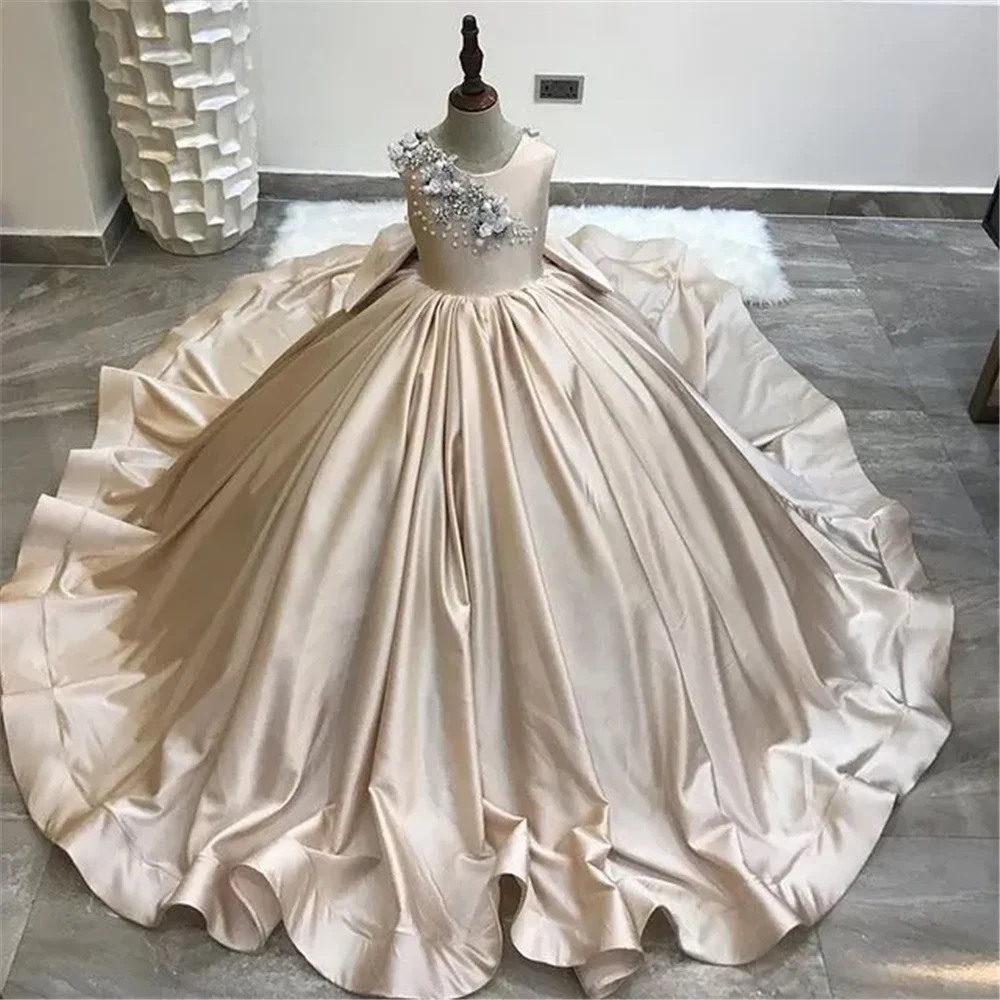 Robe de demoiselle d'honneur dos nu en satin de perles de dentelle champagne, robe de mariage, robe de reconstitution historique d'anniversaire pour enfants, tulle élégant, mode