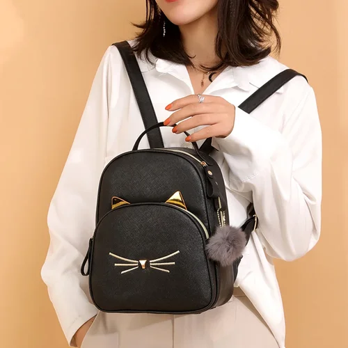 Imagen 2 del producto Mochila de viaje para mujer, morral escolar de piel sintética con diseño de gato de dibujos animados, bolso de hombro negro para adolescentes, 2023