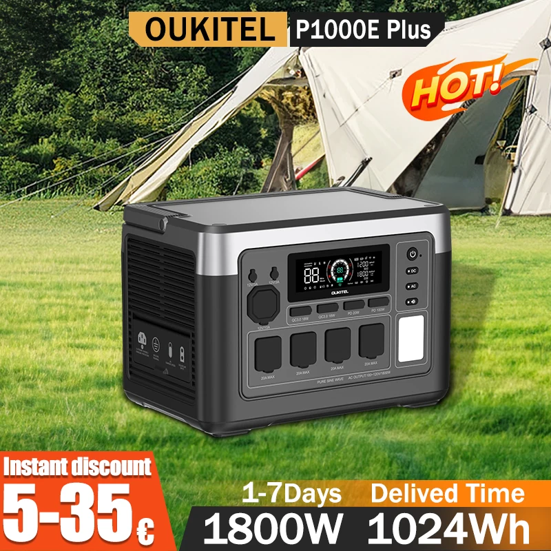 OUKITEL P1000E Plus Portable Power Station 1800W Output Power 1024Wh Capacity LiFePO4 Family Outdoor Camping Backup Powerstation