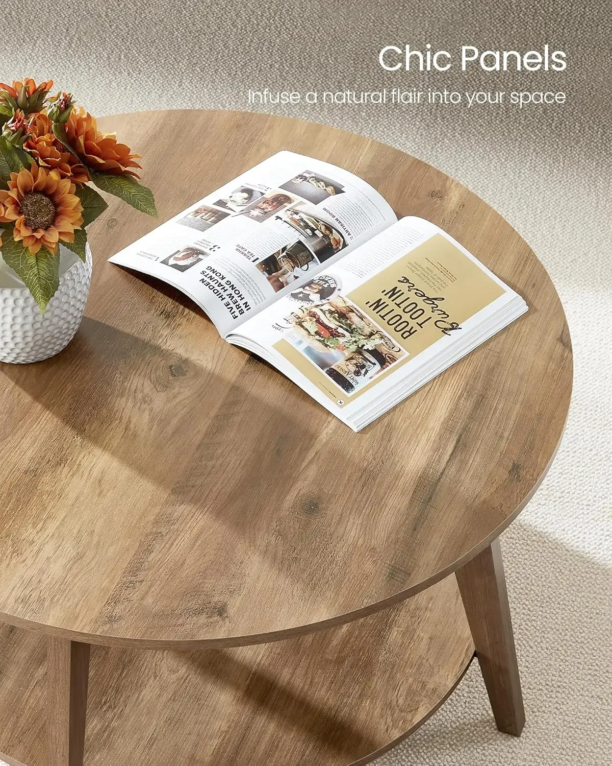 Round Coffee Table, 2 Tier Coffee Table with Storage, for Living Room, 31.5 x 17.7 Inches, Easy to Assemble, Honey Brown