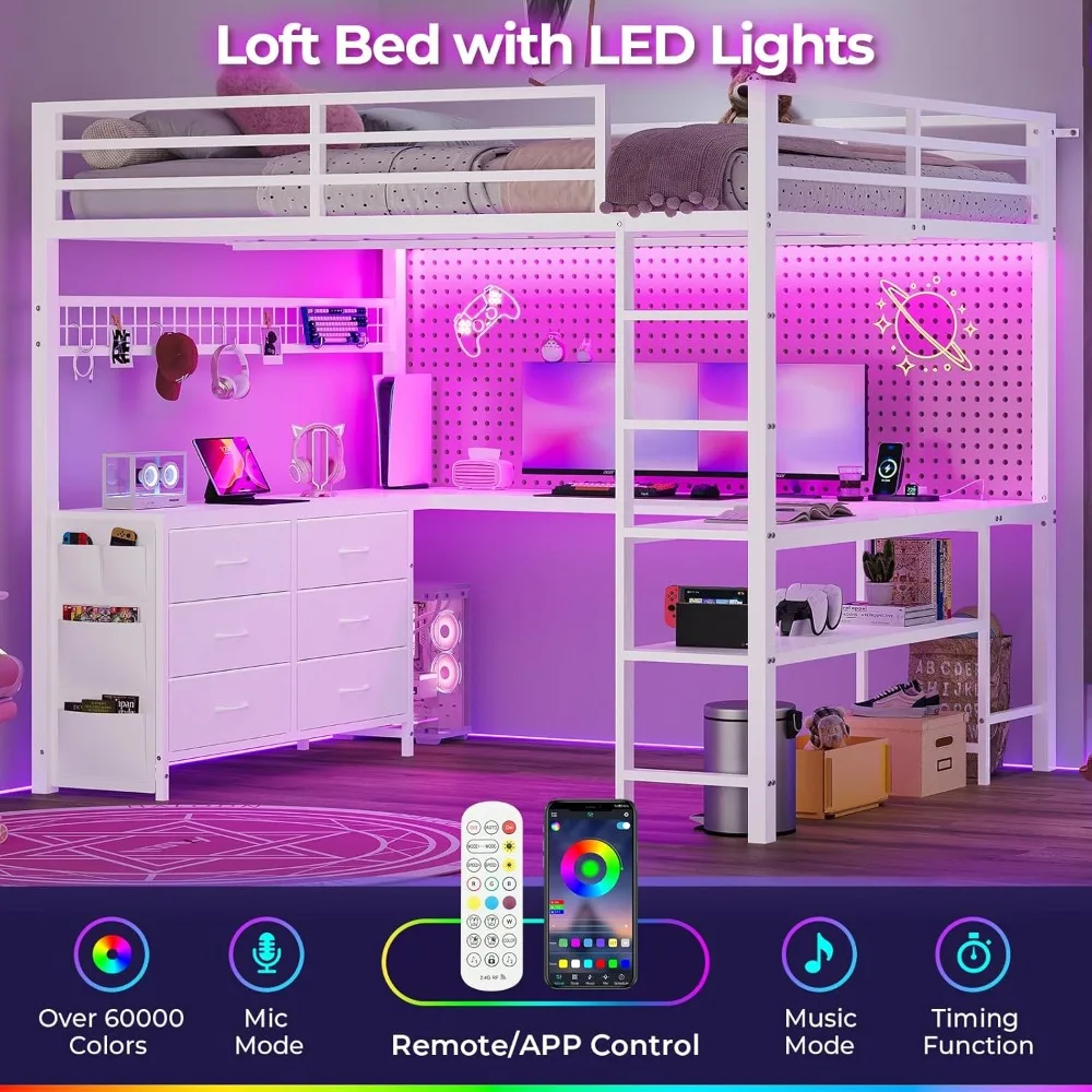 Cama alta de tamanho completo com mesa em forma de U, 6 gavetas, tomada de energia, iluminação LED e prateleiras de armazenamento