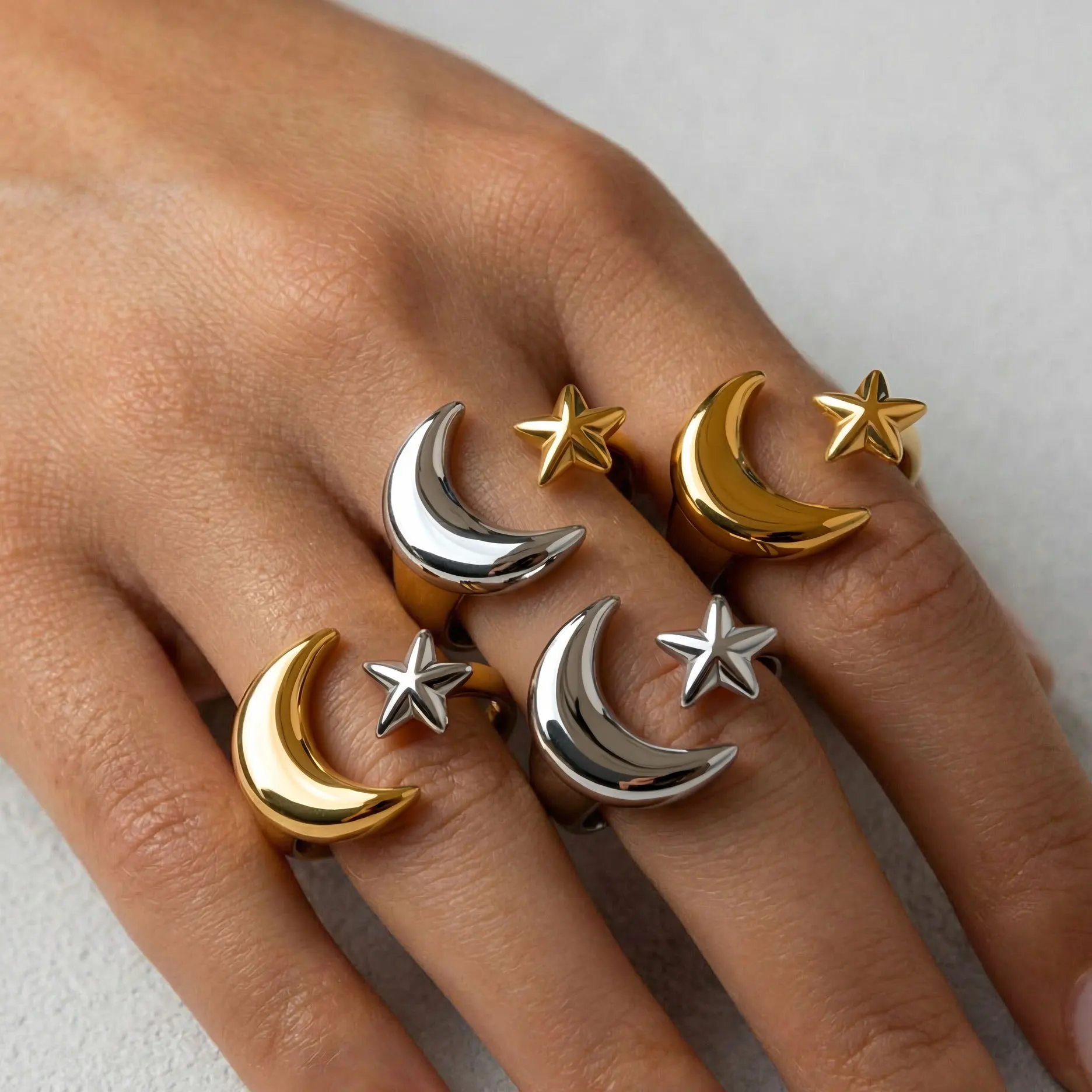 Yupsk Minimalist Two Tone Star Moon Open Ring 18K Gold Color Plated Stainless Steel Universe Ring Women's Jewelry Party Gift