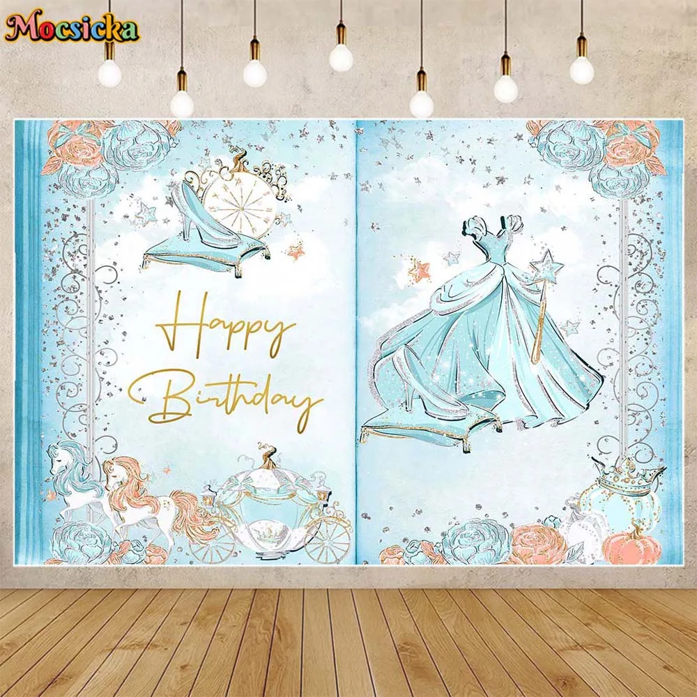 

Mocsicka Magic Book Girl Birthday Backdrop Princess Blue Dress High Heel 16th Birthday Party Decor Photo Background Studio Props