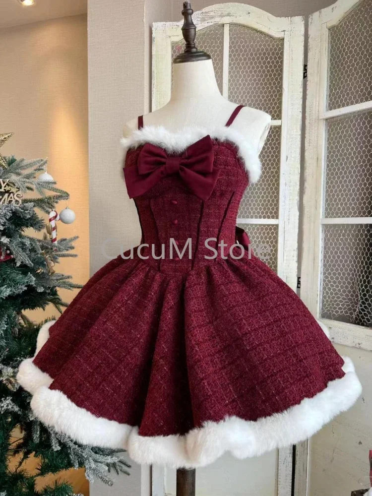 Christmas Red Vintage Suits Women Casual Cloak Coast + Sleeveless Mini Dress Faux Fur 3 Piece Dress Sets Evening Party Outfits