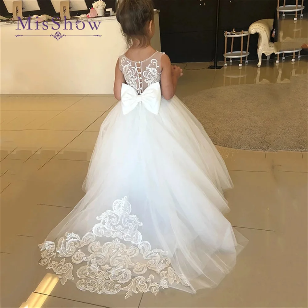 MisShow-vestidos blancos de flores para niña, vestidos Vintage con botones, lazo de tul, vestido de fiesta de boda para niña con tren de encaje largo, vestido de primera comunión