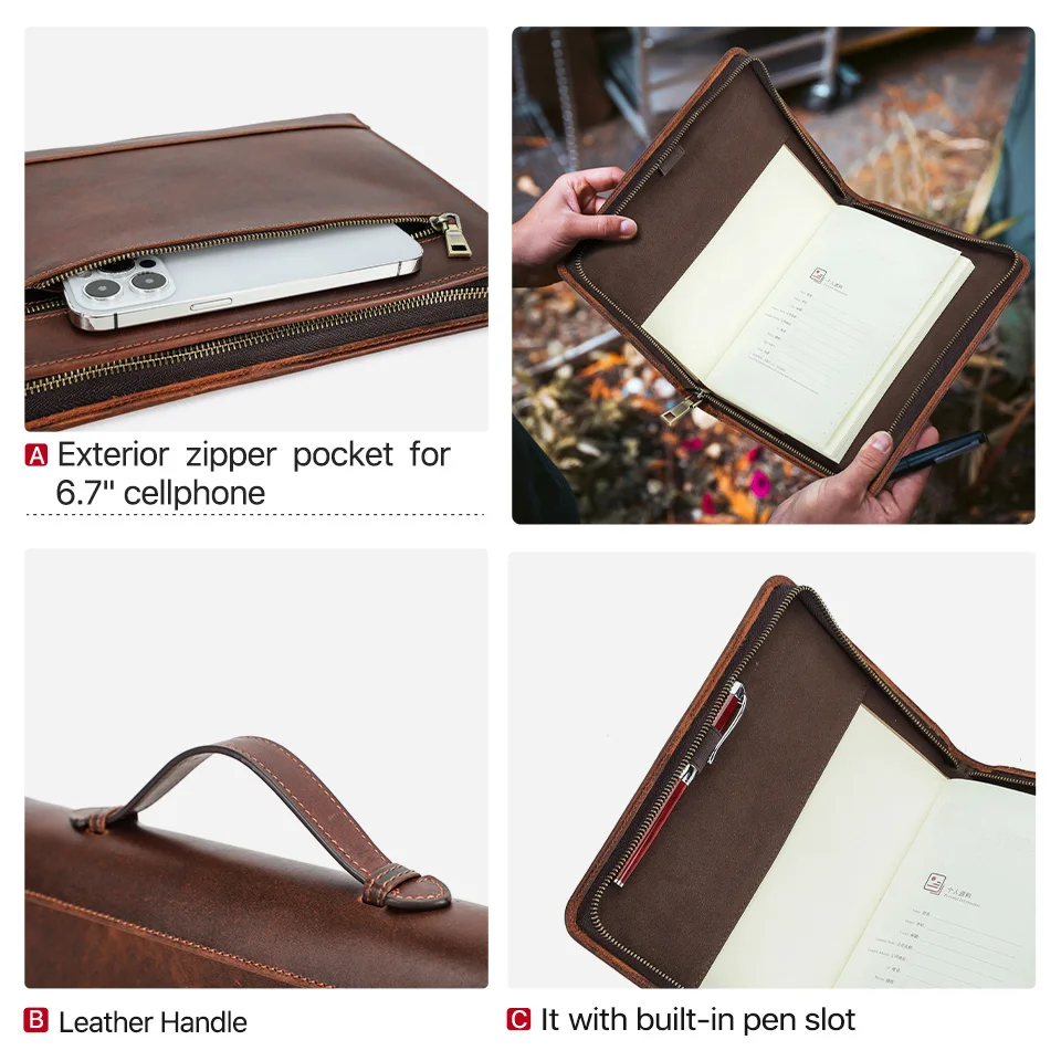 Luxuriöser Retro Handgefertigter Rindsleder-Bucheinband A5 Notizbuch-Hülle mit Stift- und Telefonhalter, Journal, Büro-Tagebuch, Reise-Portfolio – Detail 10