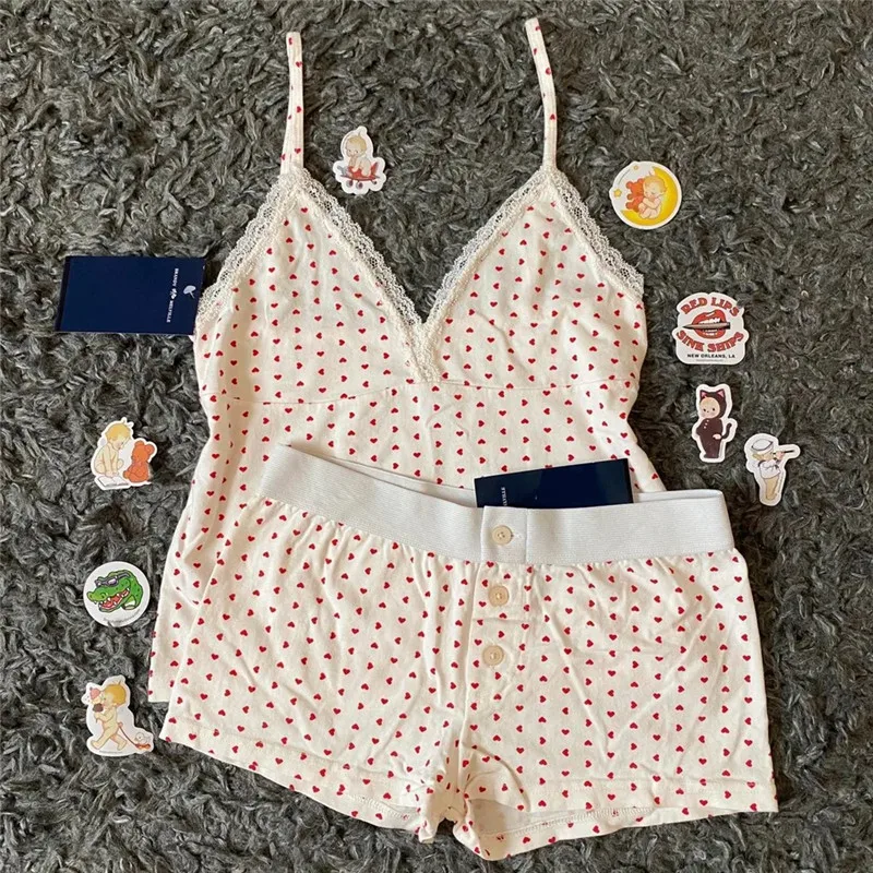 Gaono Kawaii Lace Trim con scollo a V Crop Top + Shorts Fairy Cottage Y2K Vintage 2 pezzi Set Oufits 00s Retro Crop Top Camis