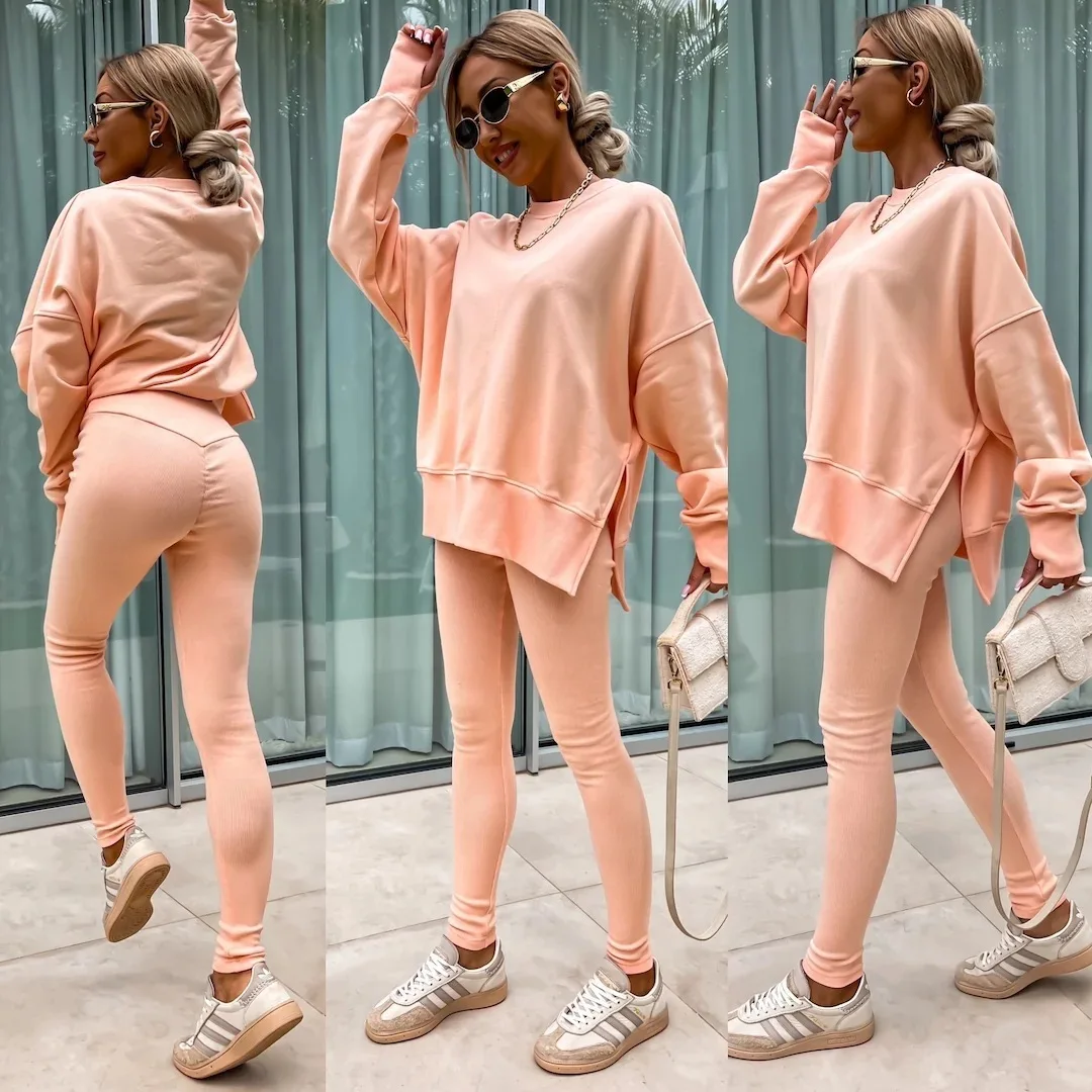 Spring Autumn Women's Casual Tracksuits Round Neck Loose Long Sleeved And Tight Pants Two Piece Sets