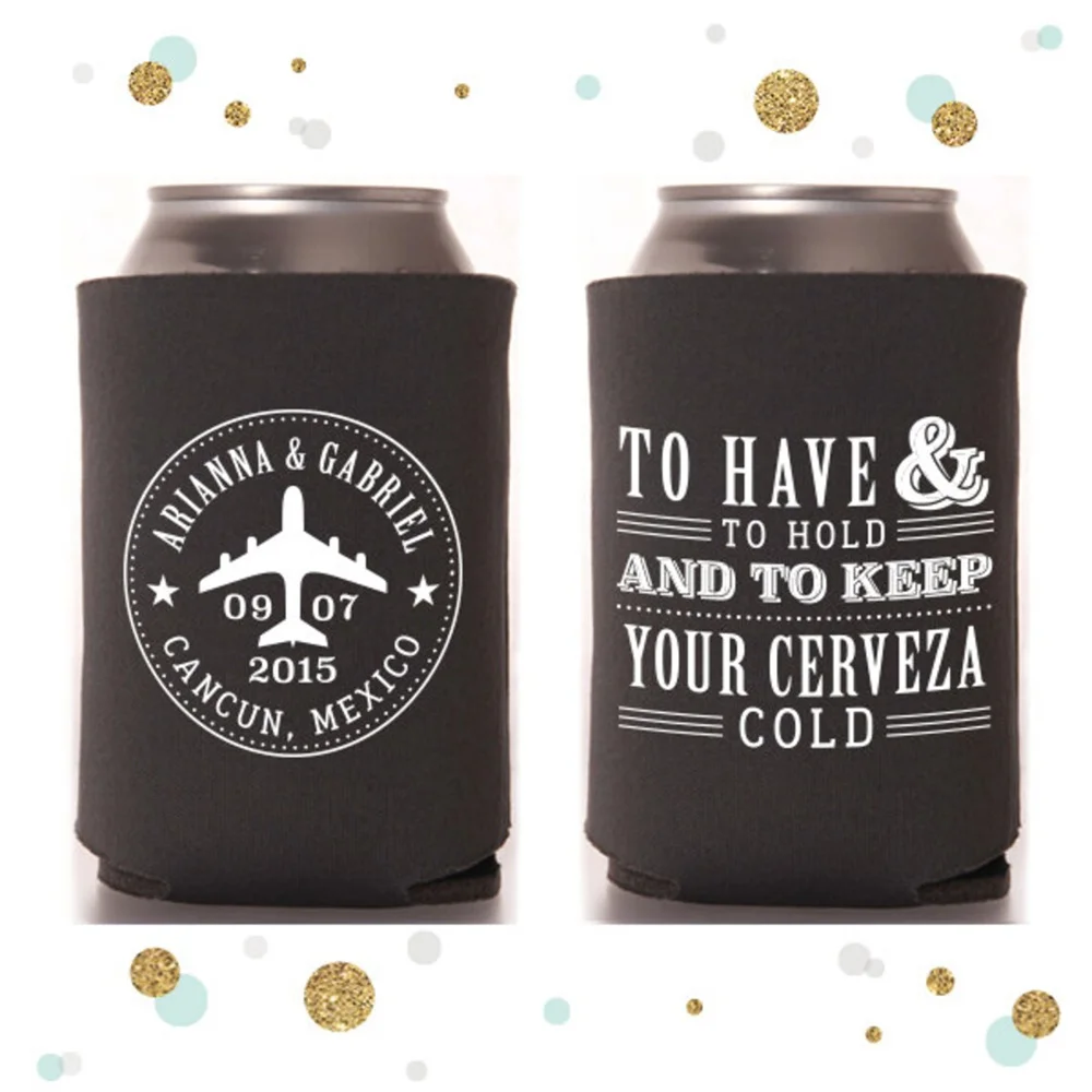 

Destination Wedding - Wedding Can Cooler #8R - Custom - Bridal Wedding Favors, Beverage Insulators, Beer Huggers