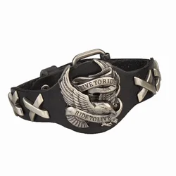 Men's Leather Bracelet Eagle Spirit LIVE TO RIDE Motorcycle Biker Wristband for Men Punk Adjustable Skull Bangles Males Jewelry