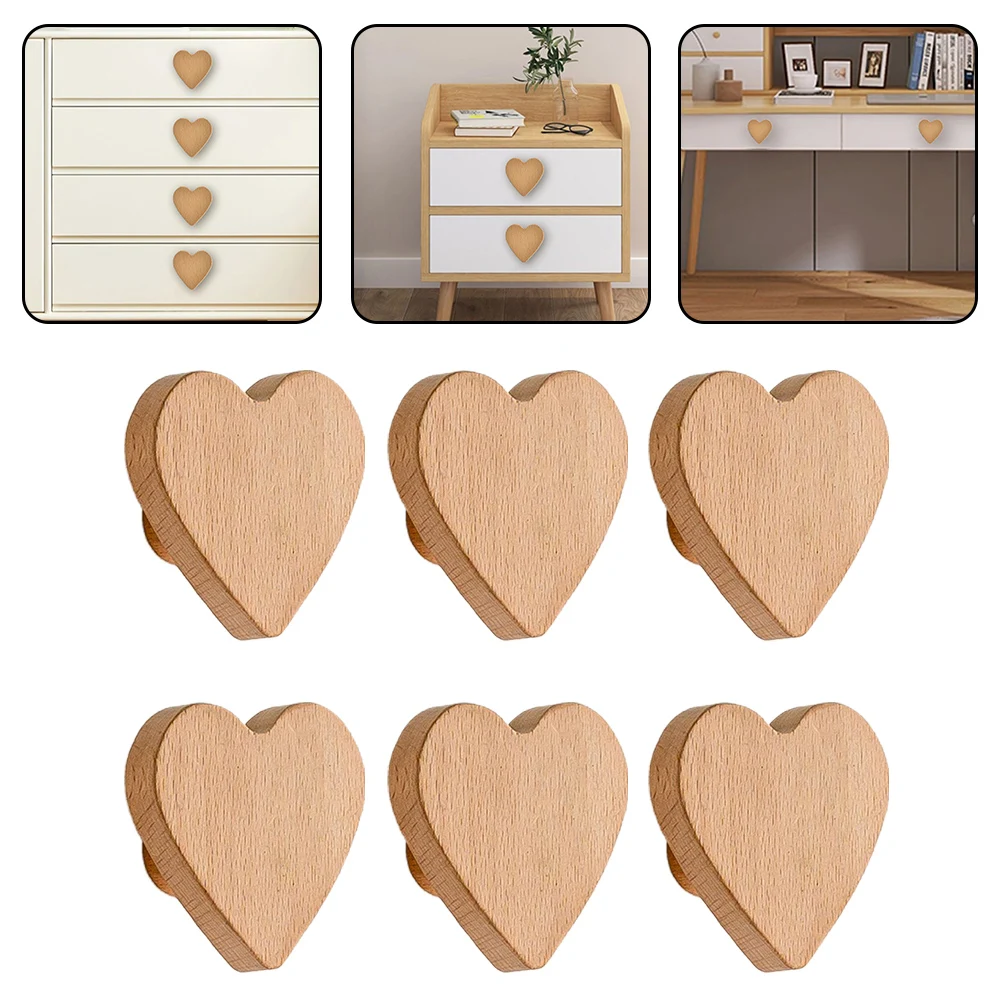 Natural Beech Wood Heart Shaped Handles 6 Pack for Cabinets and Drawers Enhances Furniture Aesthetic with Screws