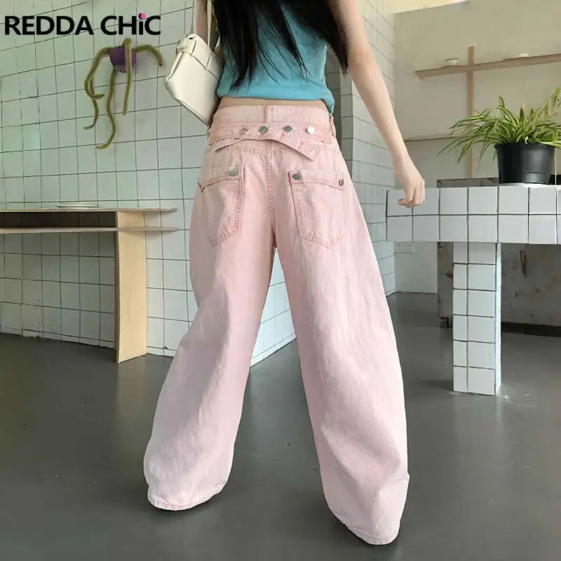 ReddaChic Cutecore Pink Women's Barrel Jeans Korea Wide Leg Low Rise Cinch‑back Washed Loose Fit Denim Pants Causal Streetwear