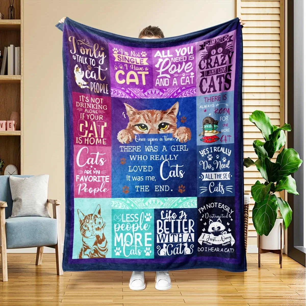 Kuschelige Überwurfdecke für Katzenliebhaber mit buntem Design und lustigen Zitaten, die bezaubernden Katzen ideal für jeden Raum sind