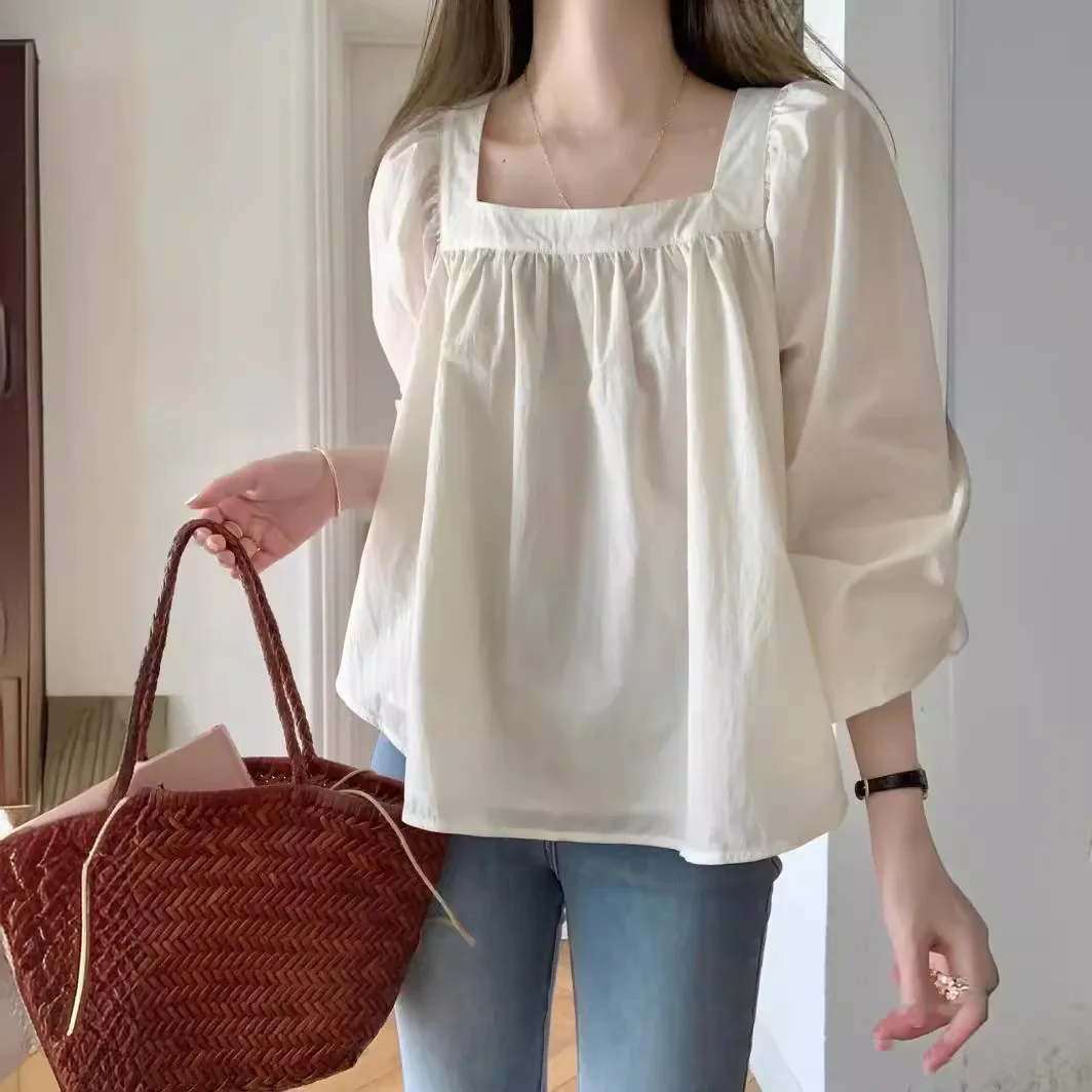 Women's  Square Neck Blouse, Puff 3/4 Sleeve Gathered Bust Loose-Fit Cotton Top, Casual Babydoll Shirt for Spring & Summer