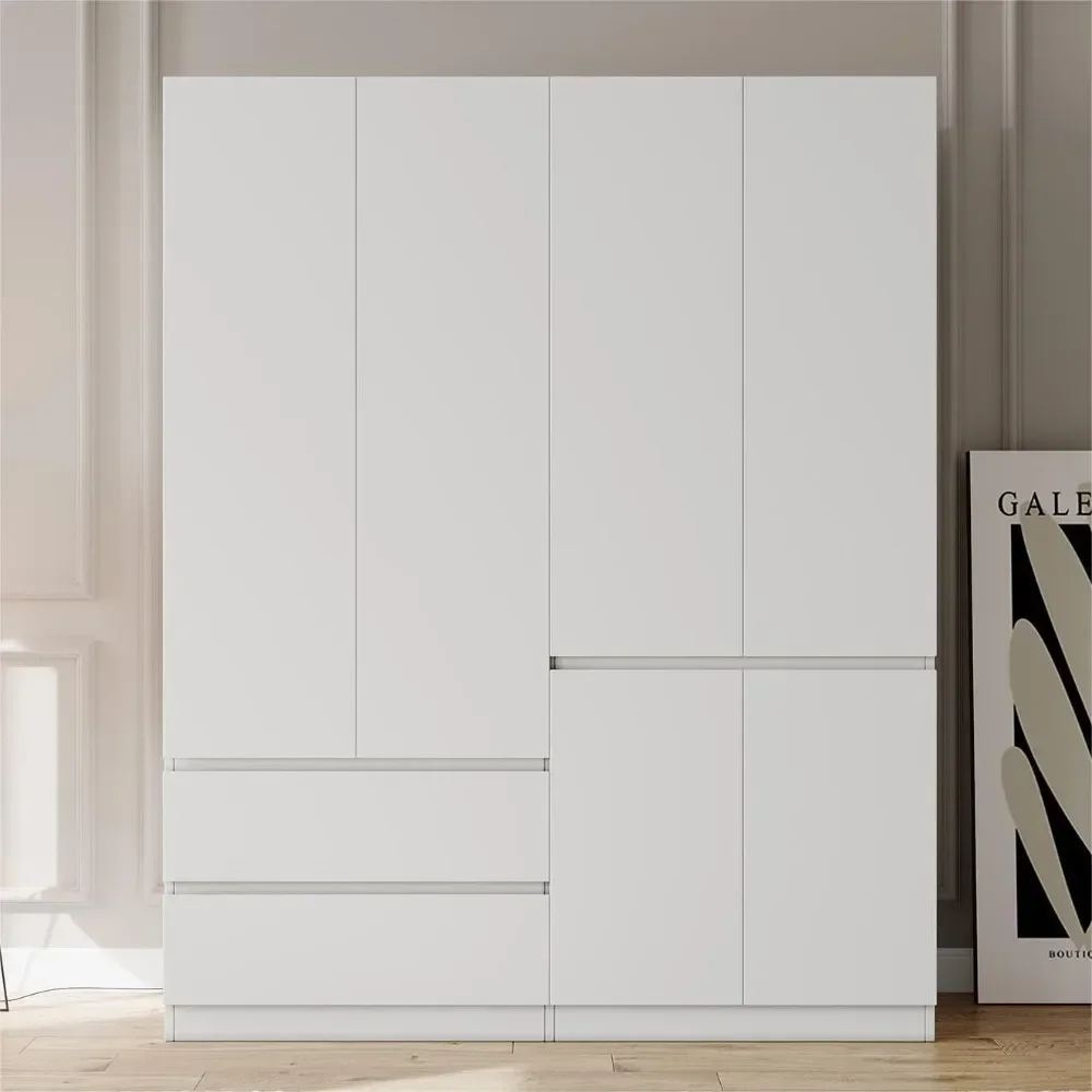 Armario ropero con 4 puertas, armario de almacenamiento con estantes y varilla colgante, blanco, 63 "L x 20,39" W x 78,74 "H
