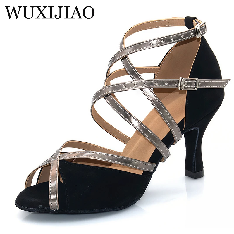 Chaussures de danse latine pour femmes, salsa, tango, chaussures de pratique de danse de salon, chaussures de performance professionnelles en daim noir, cuir PU gris