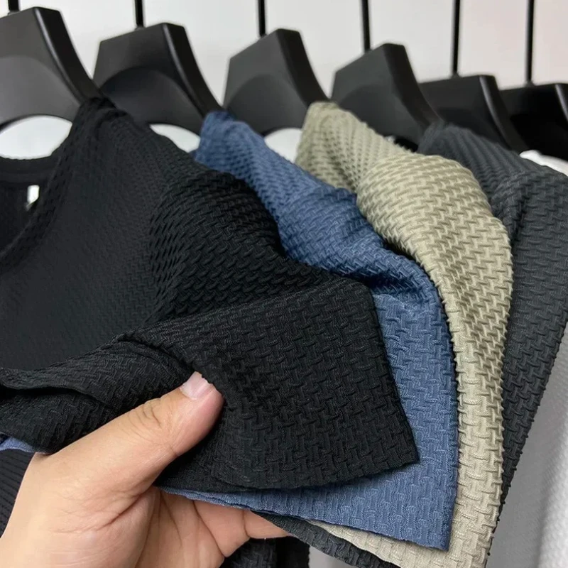 High end Ice Silk Short Sleeve T-shirt Men's Summer Mesh Breathable Round Neck  Fashion Solid Color Casual Luxury Top image 3