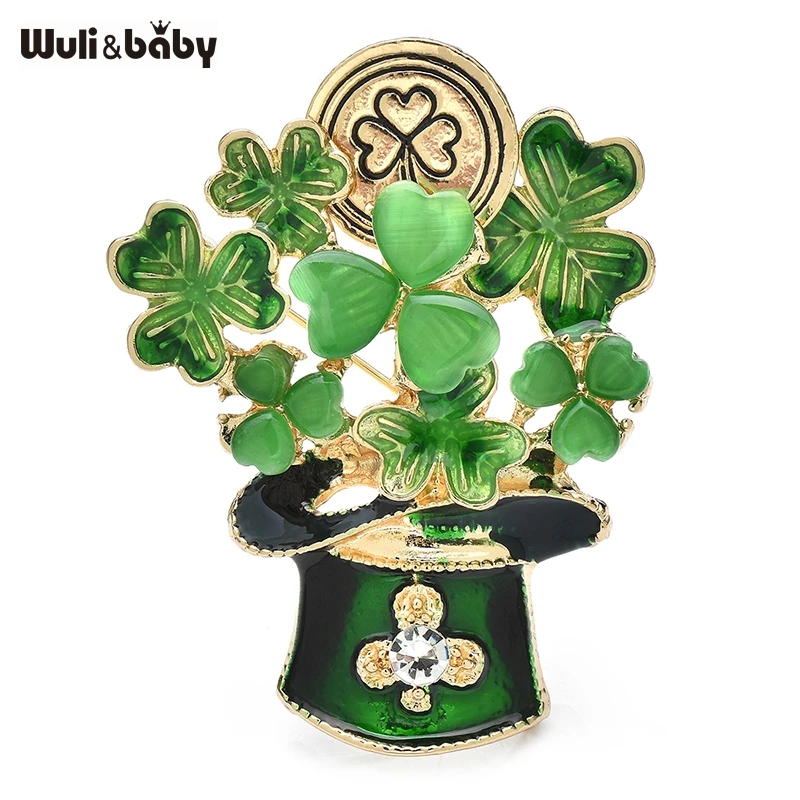 Wuli&baby Opal Shamrock Leaves Brooches For Women Unisex Green Enamel Pot Clover Leaves Plants Party Office Brooch Pins Gifts