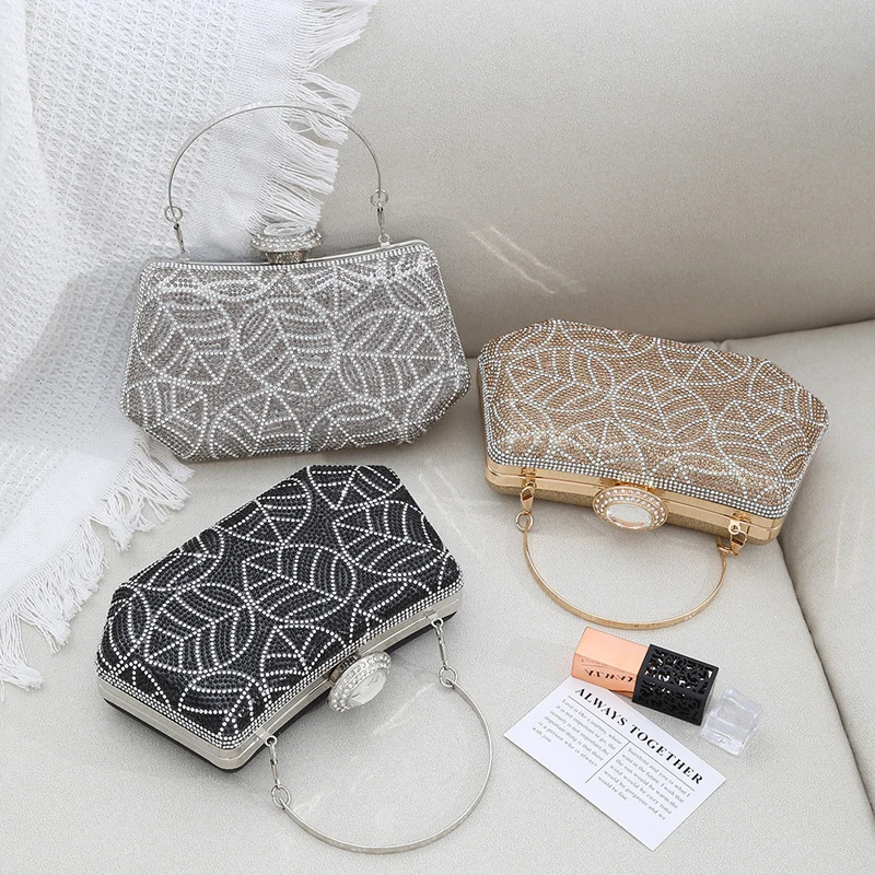 

Luxury Sparking Rinestone Evening Bag Full Diamonds Leaf Pattern Clutch Bag with Chain Elegant Women's Banquet Dinner Party Bags