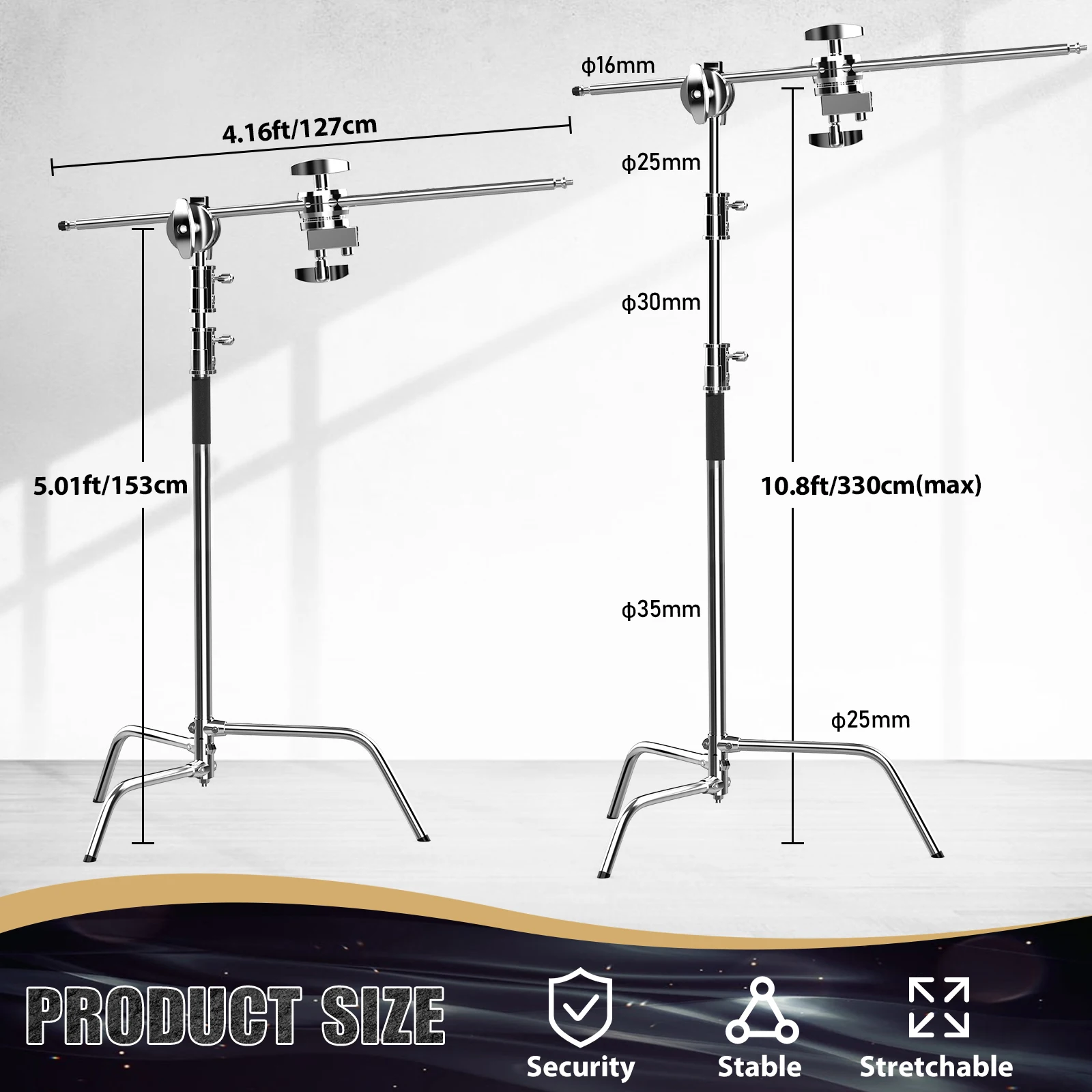 2.6M/8.5FT Stainless Steel Century Foldable Light Stand Tripod Magic Leg Photography C-Stand For Spot Light,Softbox,Photo Studio