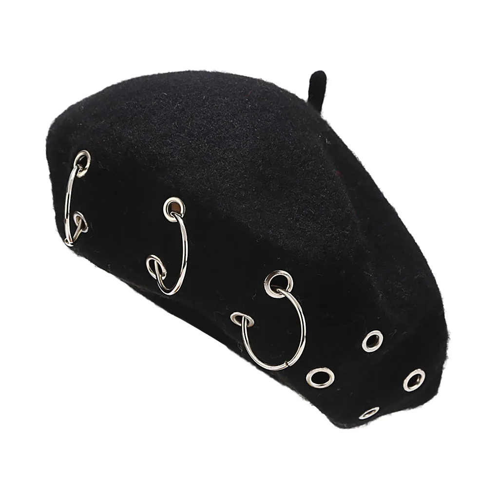 Fashion Winter Berets For Women girl Punk Rock Style Iron Rings Beret Caps Retro Wool Hats Black Woolen Painter Caps