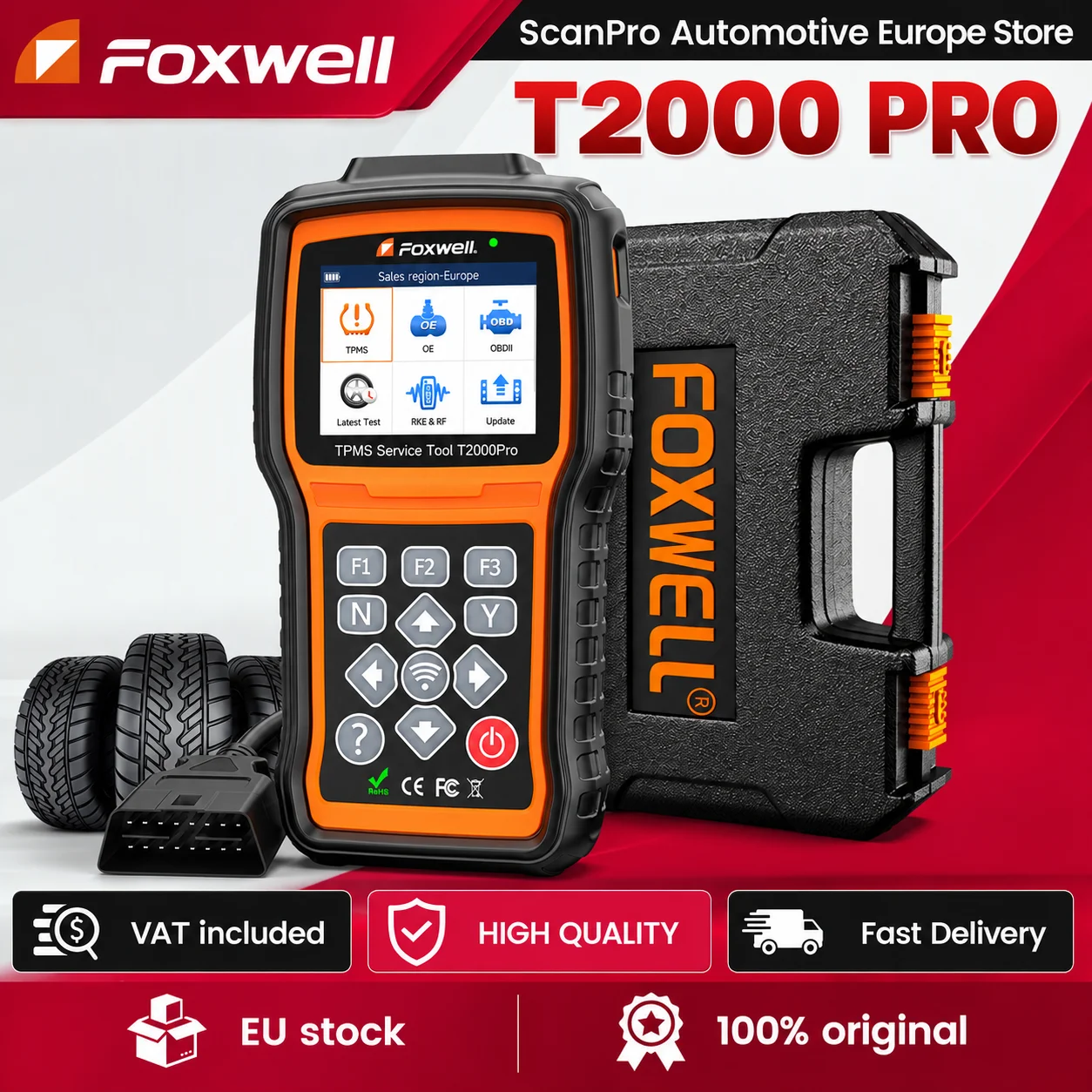 T2000PRO TPMS Programmiergerät für Reifendrucküberwachung, TPMS-Sensor-Neulernen und -Aktivierung, FOXWELL OBD2 Reifendrucksystem-Diagnosetool