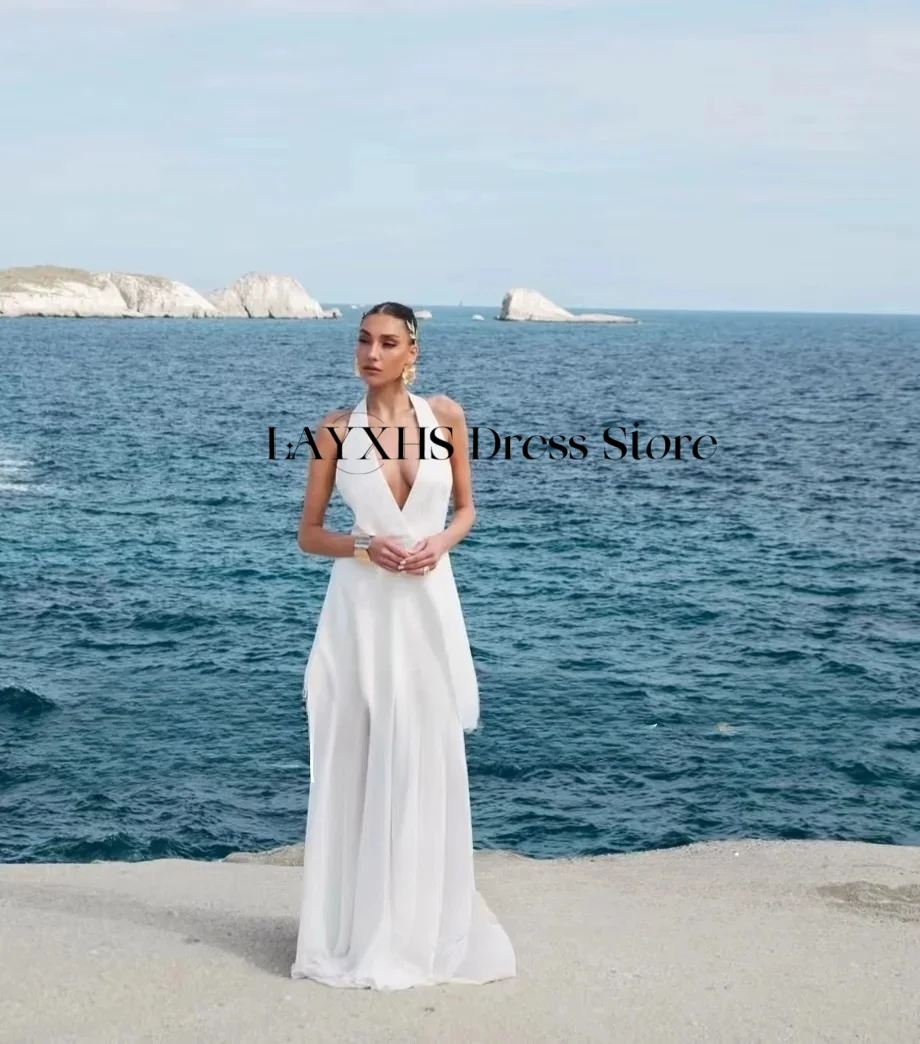 エレガントなホルターネックのウェディングドレス、Aラインのティアード、柔らかなサテンオーガンザ、背中開きのイブニングパーティードレス、Vネック、カスタムメイドのブライダルガウン2025