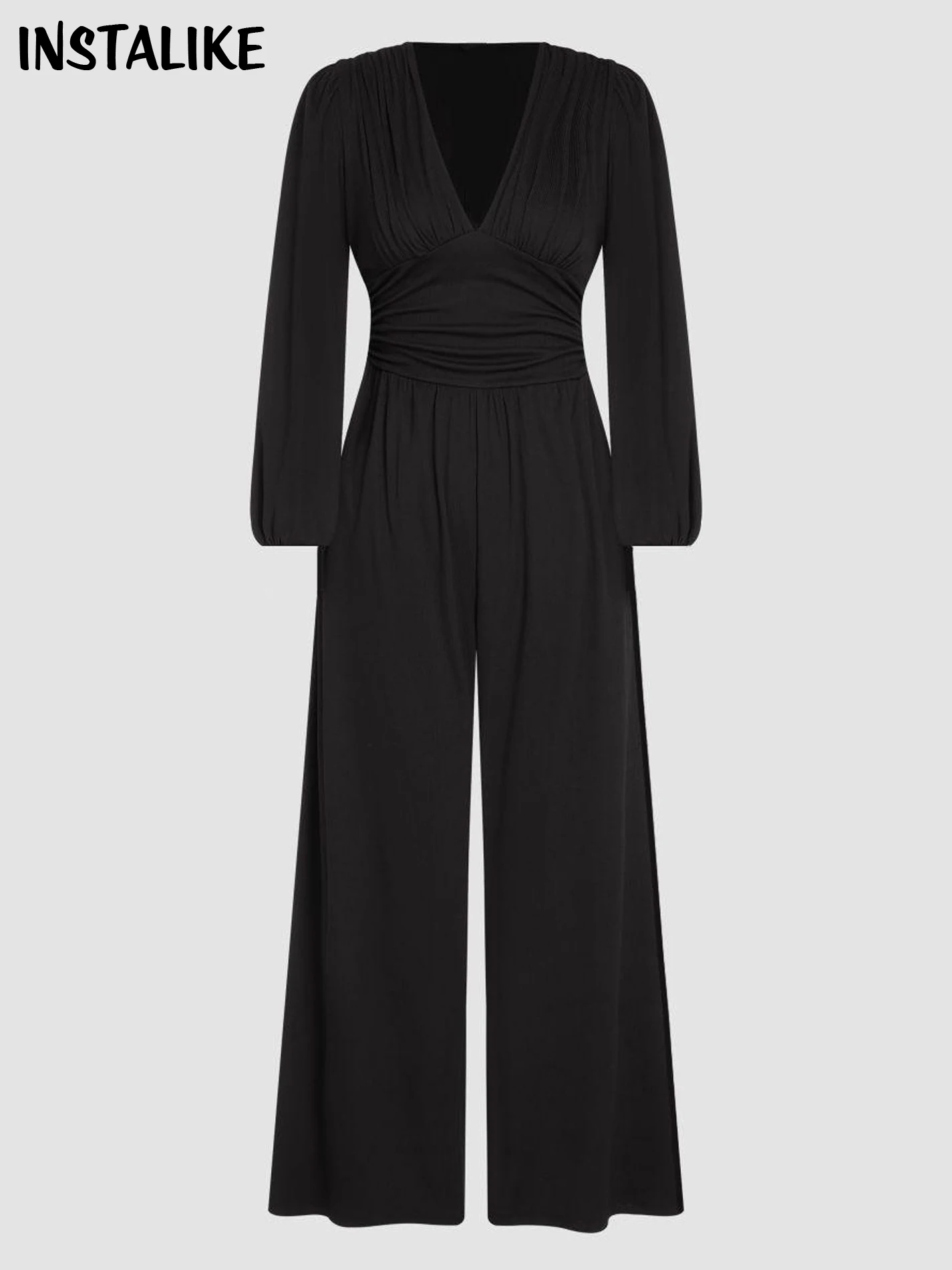 

InsaLike-Women Ruched Deep V Neck Jumpsuit,Sexy,Office Lady,Monochromatic,One Piece,Autumn Fashion,Streetwear,Wide Legs,Overalls