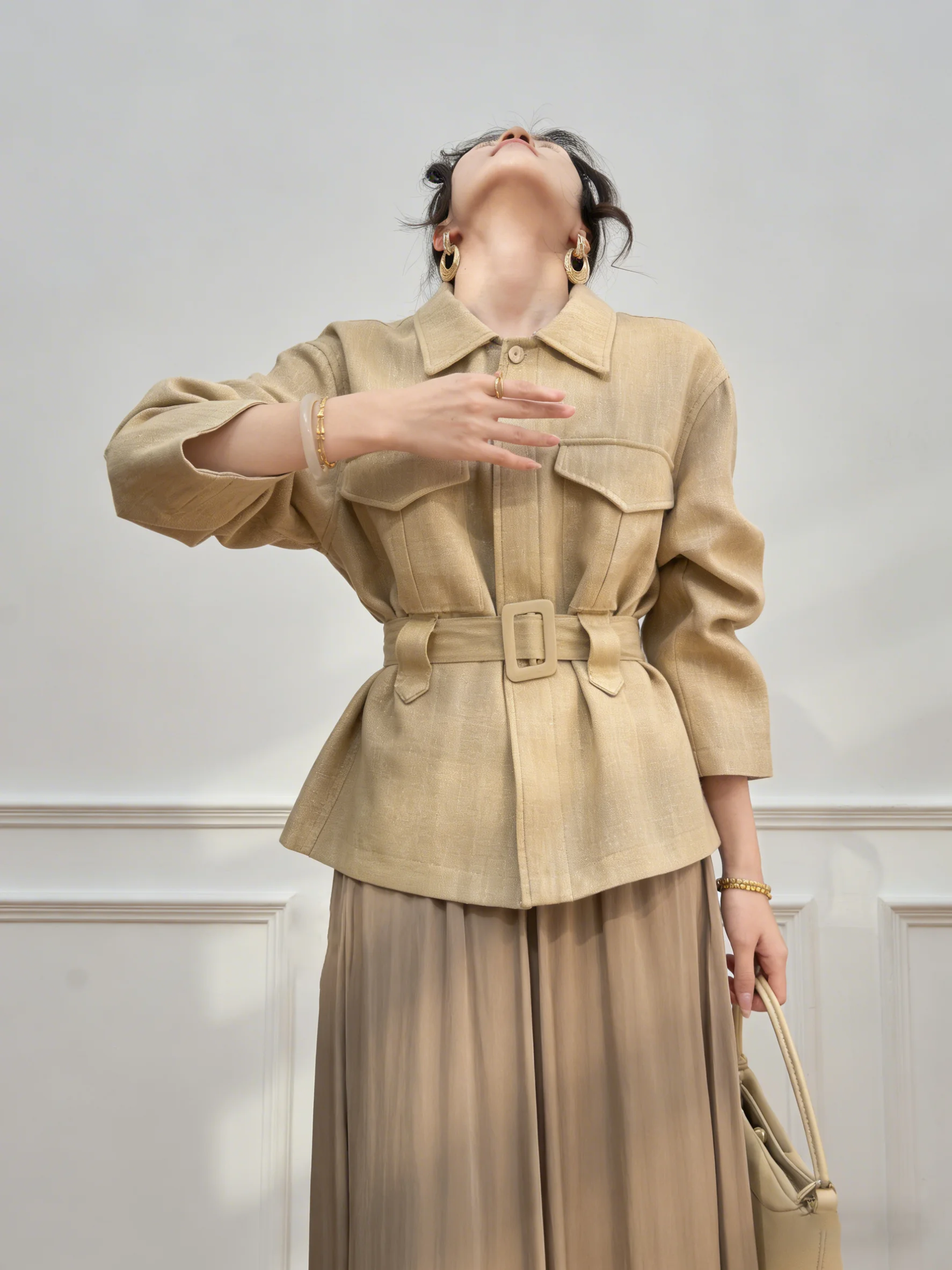 

Khaki Belted Shirt Collar Waist Cinched Skirt Set Women's Elegant Fashion Spring Outfit Casual Loose Fit Button up