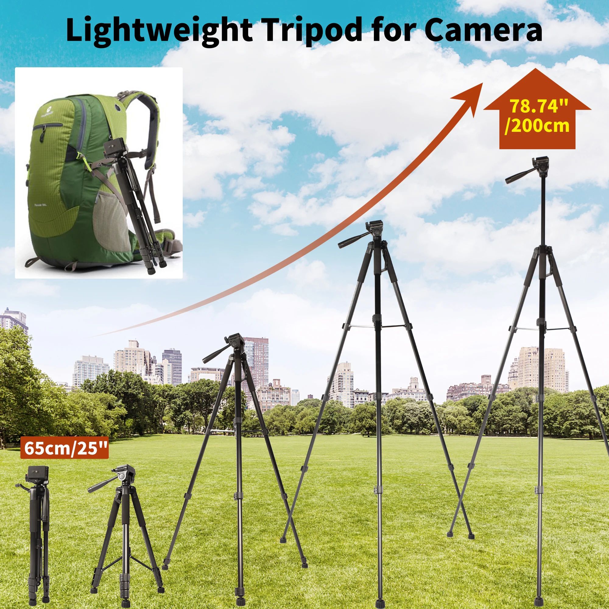 200cm 79in Height Heavy Dury Camera Tripod Stand Trípode Portable Professional Aluminum with Pan Head for DSLR phone ring light