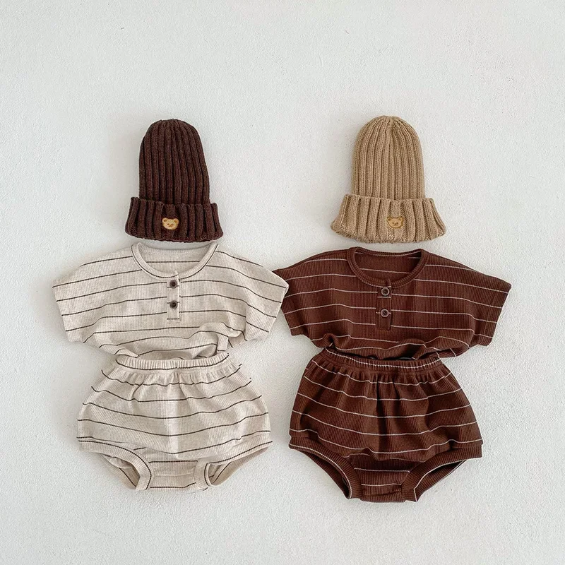 

2025 New Summer Baby Clothing Set Infant Girls Striped Tee and Bloomer 2PCS Toddler Boys Short Sleeved Top Suit for 3-36Months
