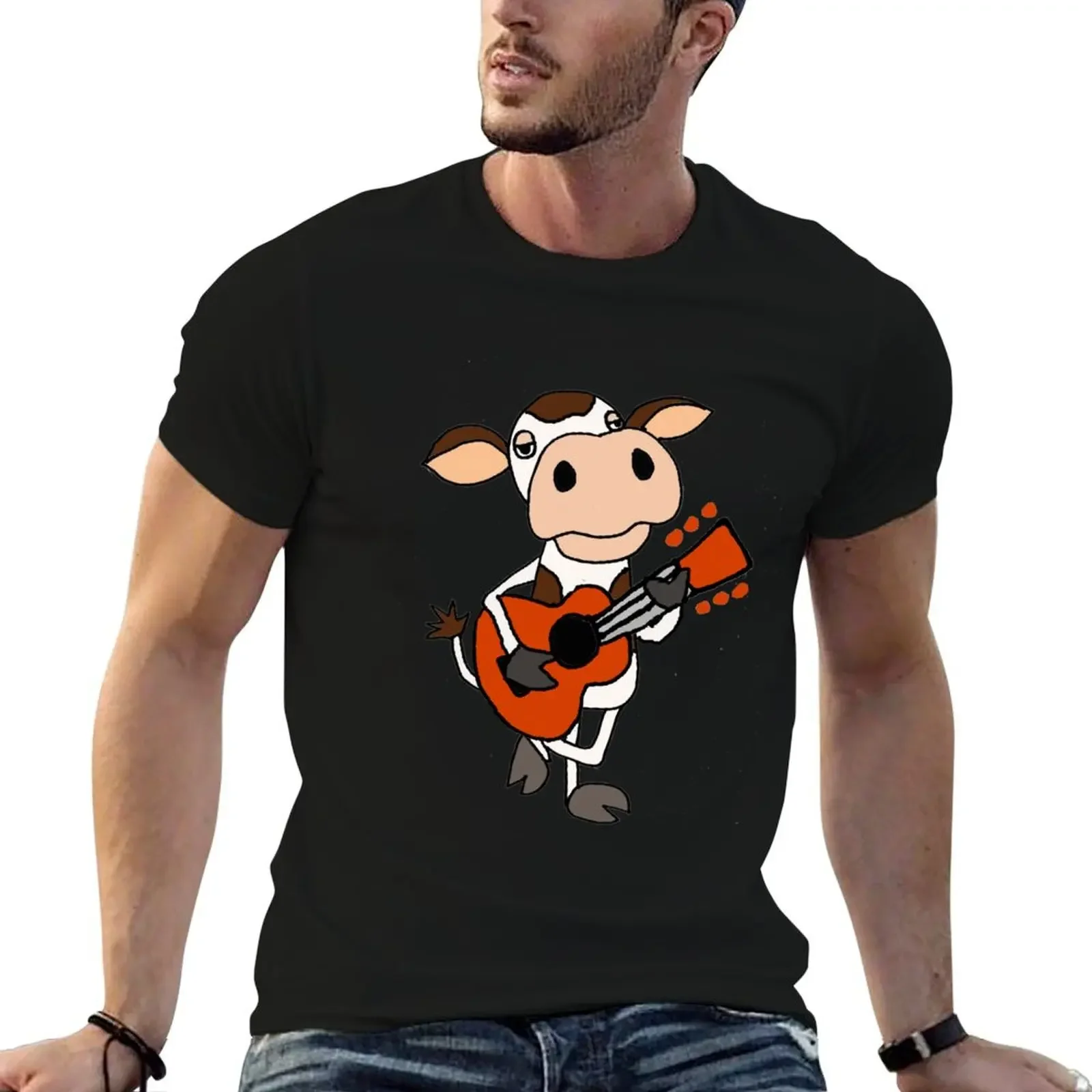 Silly Cute Brown and White Cow Playing Guitar Art T-Shirt shirts graphic tee anime figures anime t shirts for men