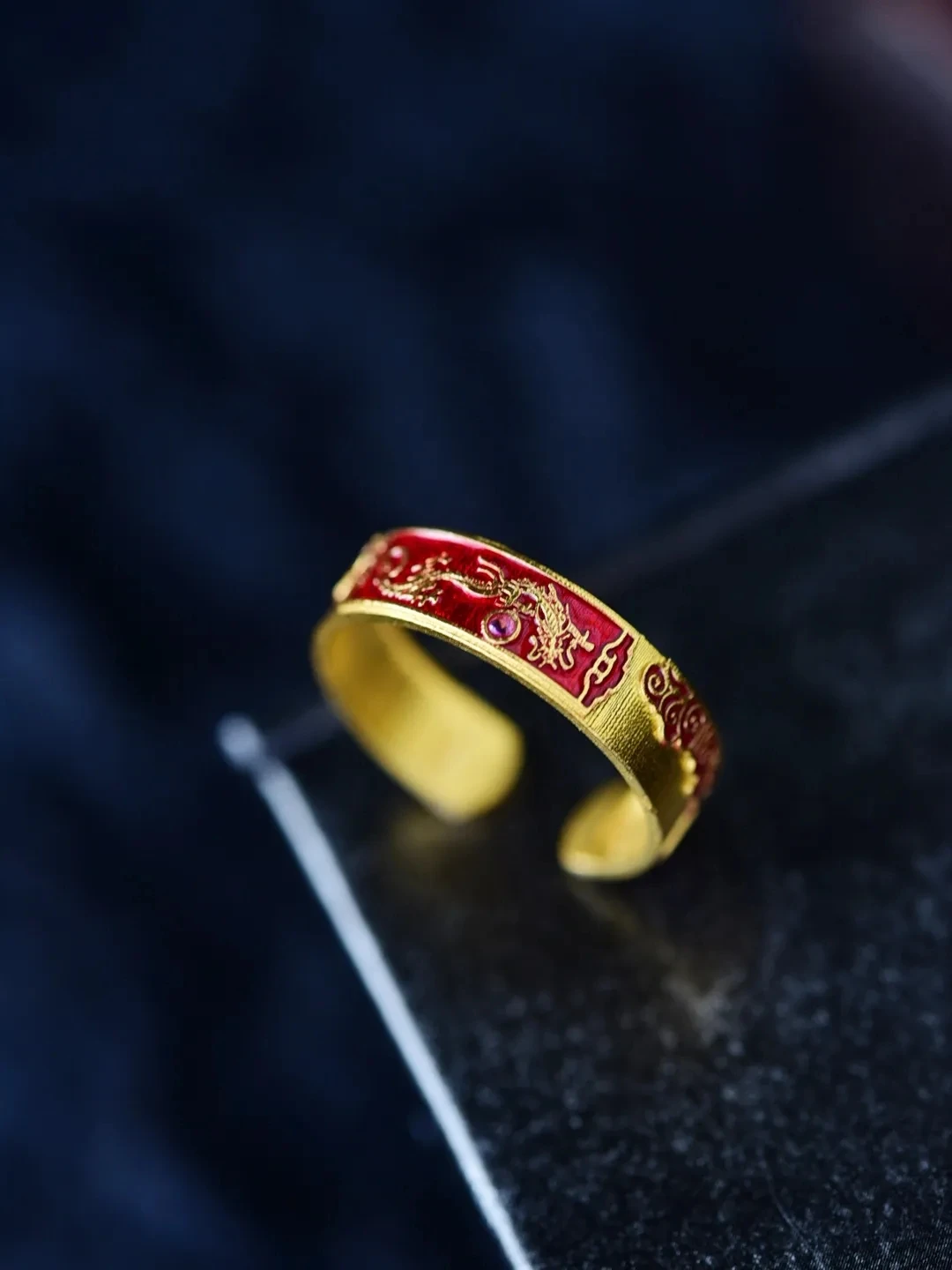 China-Chic Ancient Charm High Temperature Burning Blue Gold Color Ancient Method Ring Delicate Light Luxury High Level Ring Gift