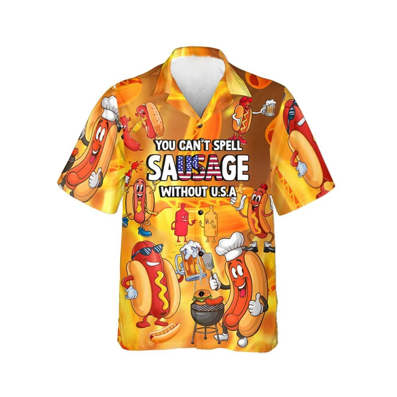 Funny Food Sausage Shirts For Men 3D Print Hot Dog Summer Hawaiian Beach Camisa Casual Short Sleeve Lapel Blouse Tops Clothing