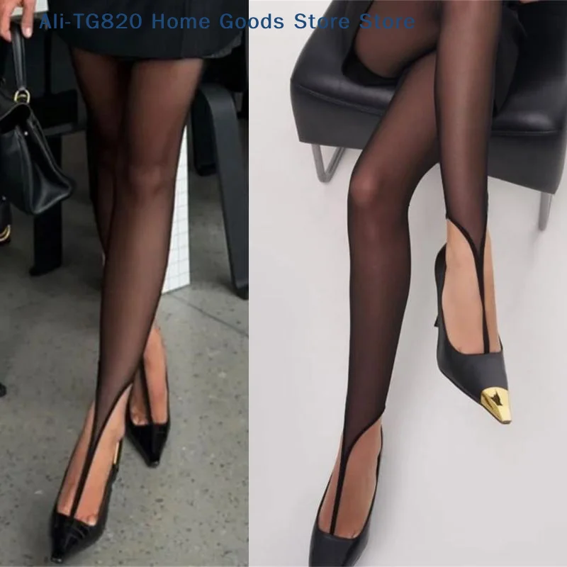 [TG820] Medias sin pie para mujer con diseño de lazo en la punta, pantimedias negras elegantes para oficina, pantimedias de malla a rayas