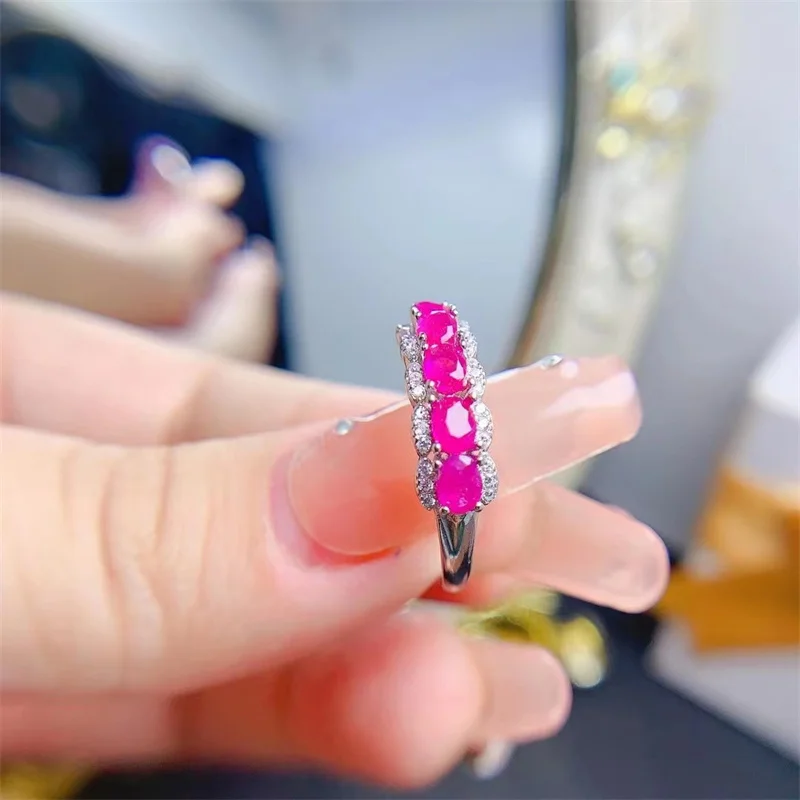 Cincin Pernikahan perak murni 925 asli dapat digenggam emas kuning 18k untuk wanita 4x3mm Ruby dengan sertifikat