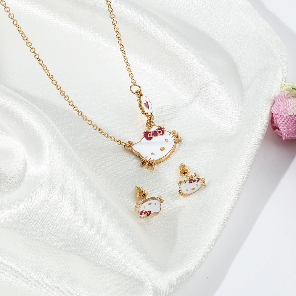 Sweet Sanrio Necklace Hello Kitty Kawaii Kitty Cat Small Earrings Studs for Kids Child Gifts Cartoon Holiday Jewelry Set