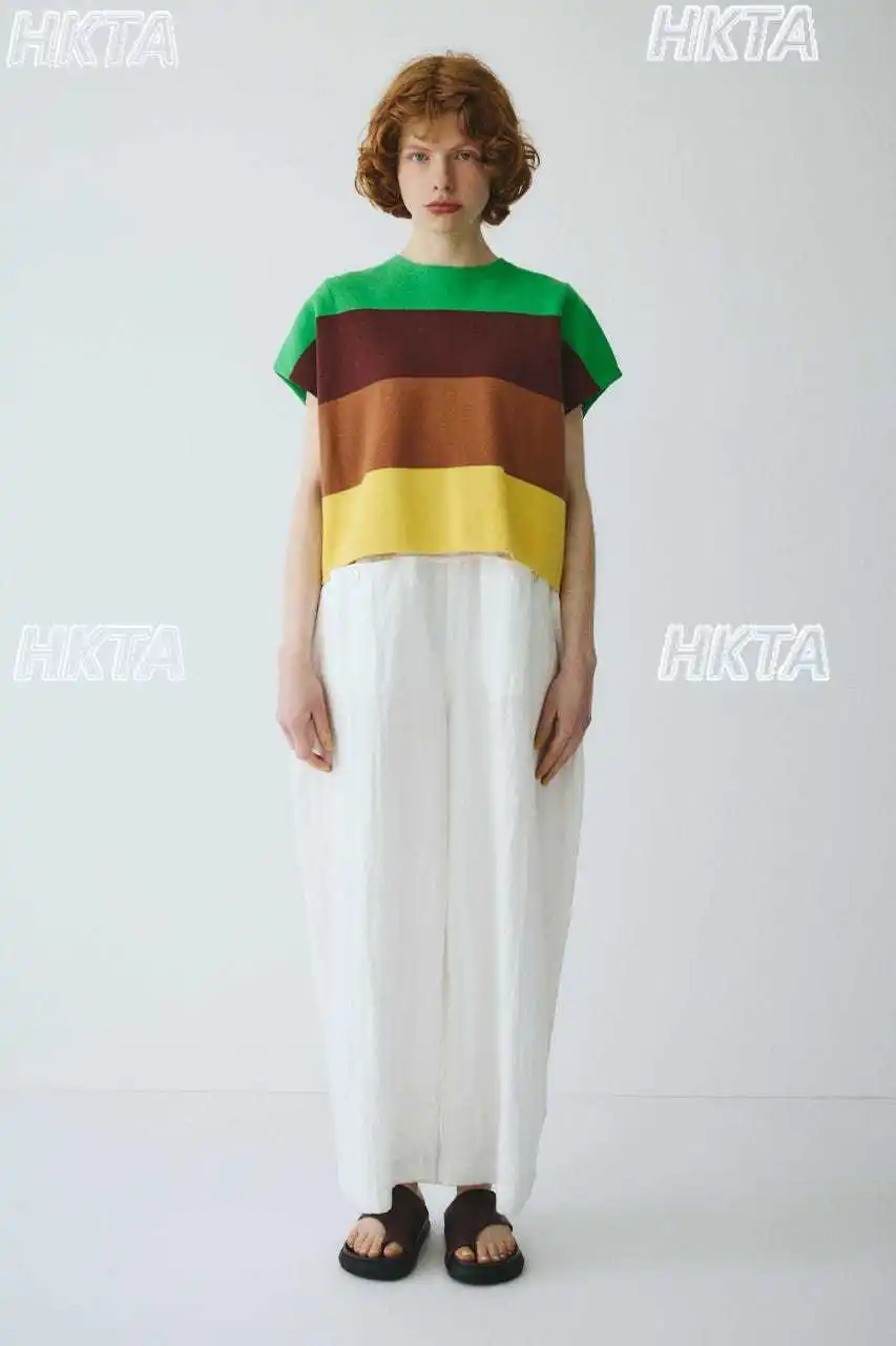 Japanese Retro Striped Color Matching Shoulder Short Sleeved T Shirt Loose Short Top Commuter New Crew Neck Knitted Tshirt Women