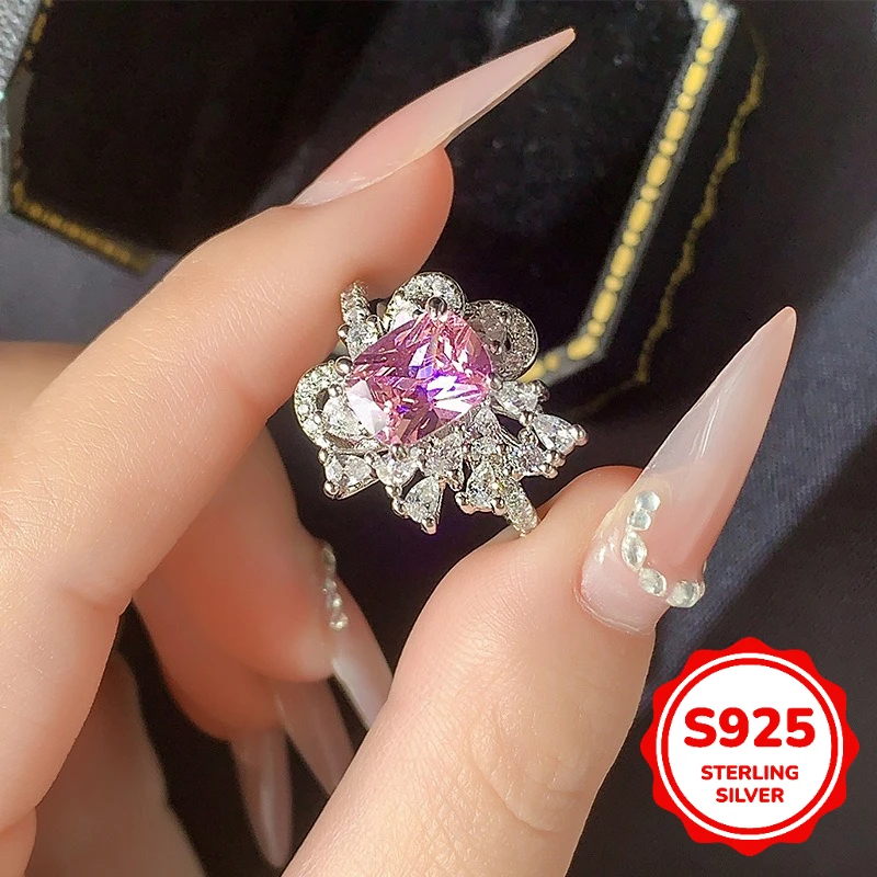 

Elegant S925 Sterling Silver Hollow Flowers Four-Claw Pink Princess Square Ring Women's Engagement Gift Jewelry