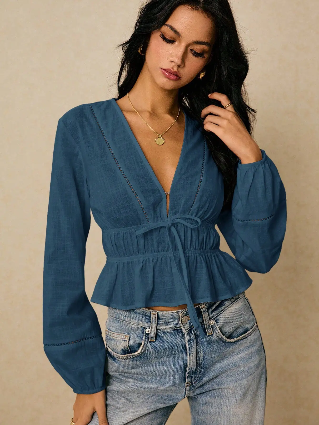 

Women's Solid Color V-Neck Lantern Sleeve Blouse With Front Tie Cinched Waist