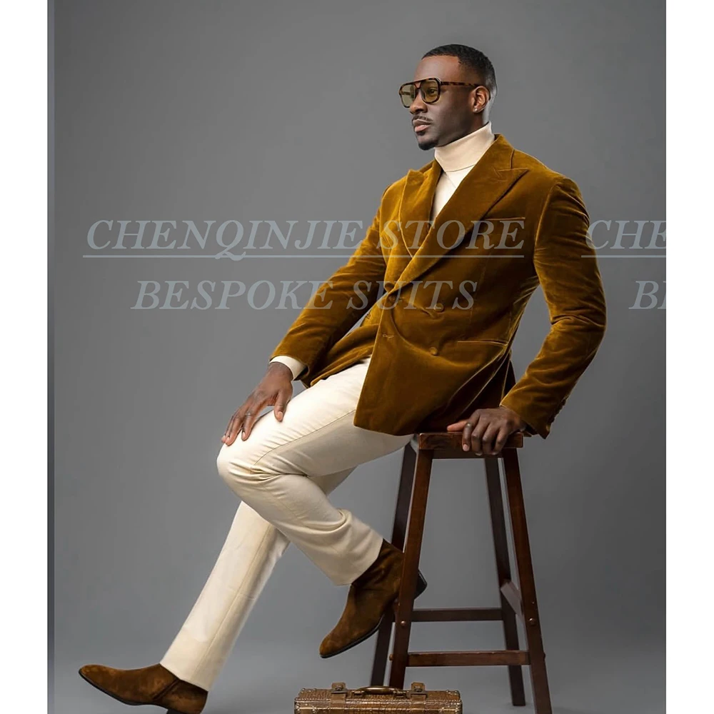 

Taolor-Made Men's Suits Luxuury Velvet Blazer With Pants Formal Back Vent Double Breasted Peak Lapel 2 Piece Jacket Trousers