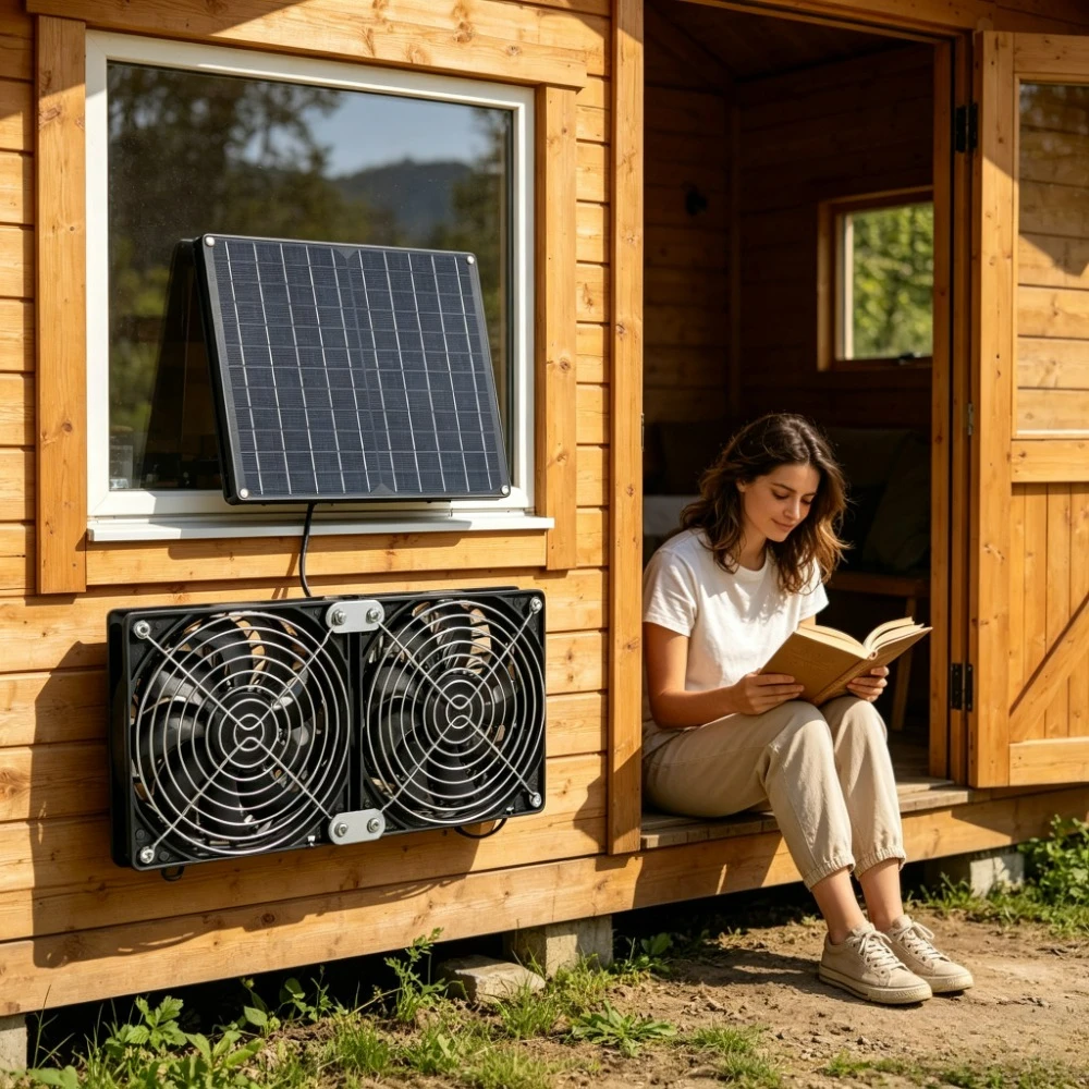 

Solar Powered Dual Cooling Exhaust Fan with 15W 20W Solar Panel Low Noise for Dog House Chicken Coop Greenhouse Shed Durable