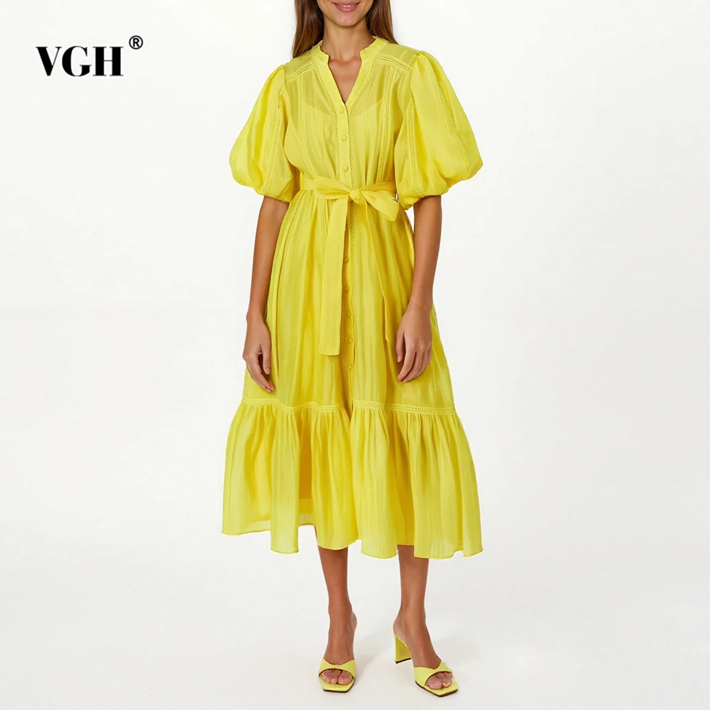 

VGH Casual Loose Spliced Lace Up Dress for Women V Neck Puff Sleeve Patchwork Button Folds Solid Color Dresses Summer Clothing