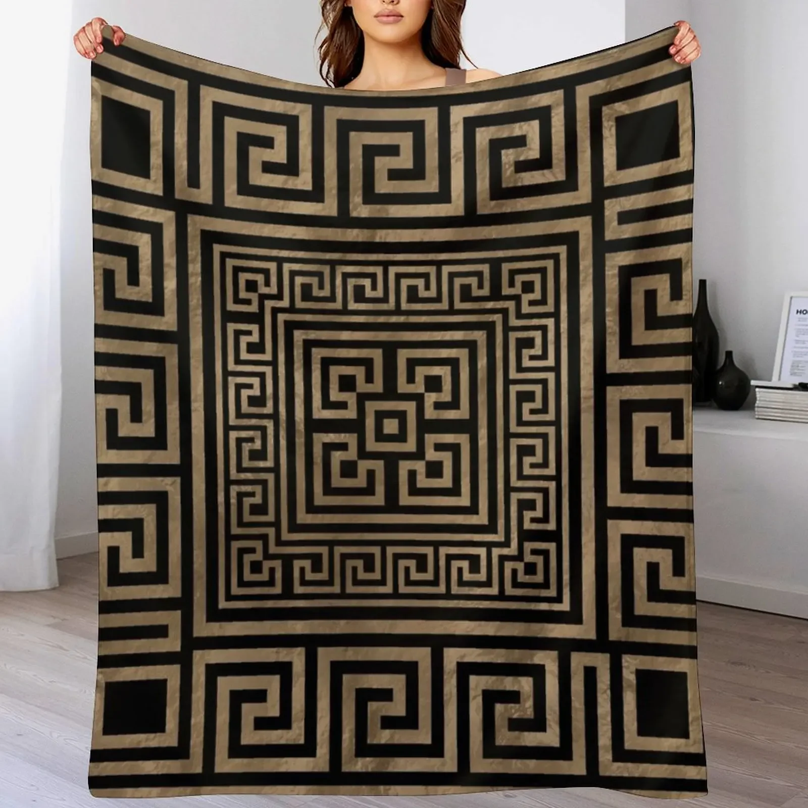 

Greek Key Ornament - Greek Meander -Gold on Black Throw Blanket Beach Nap Decorative Sofa Stuffeds Blankets