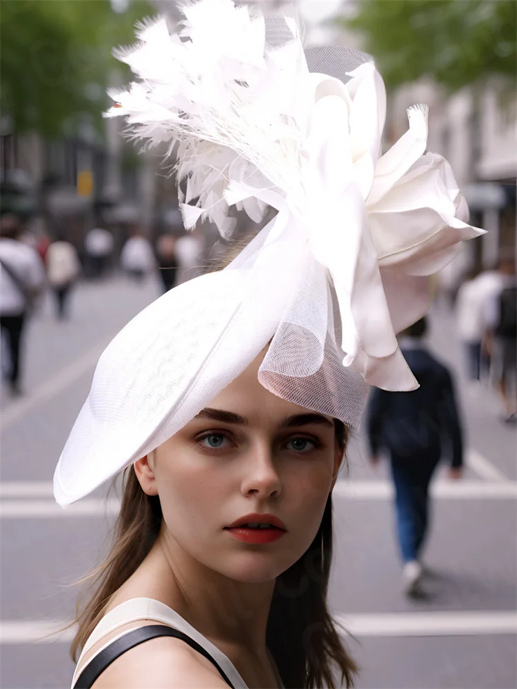 

Red Large Flower Fascinator Hat Wedding Derby Hat Women Race Party Tea Headpiece Ladies Feather Veils Church Race Millinery Cap