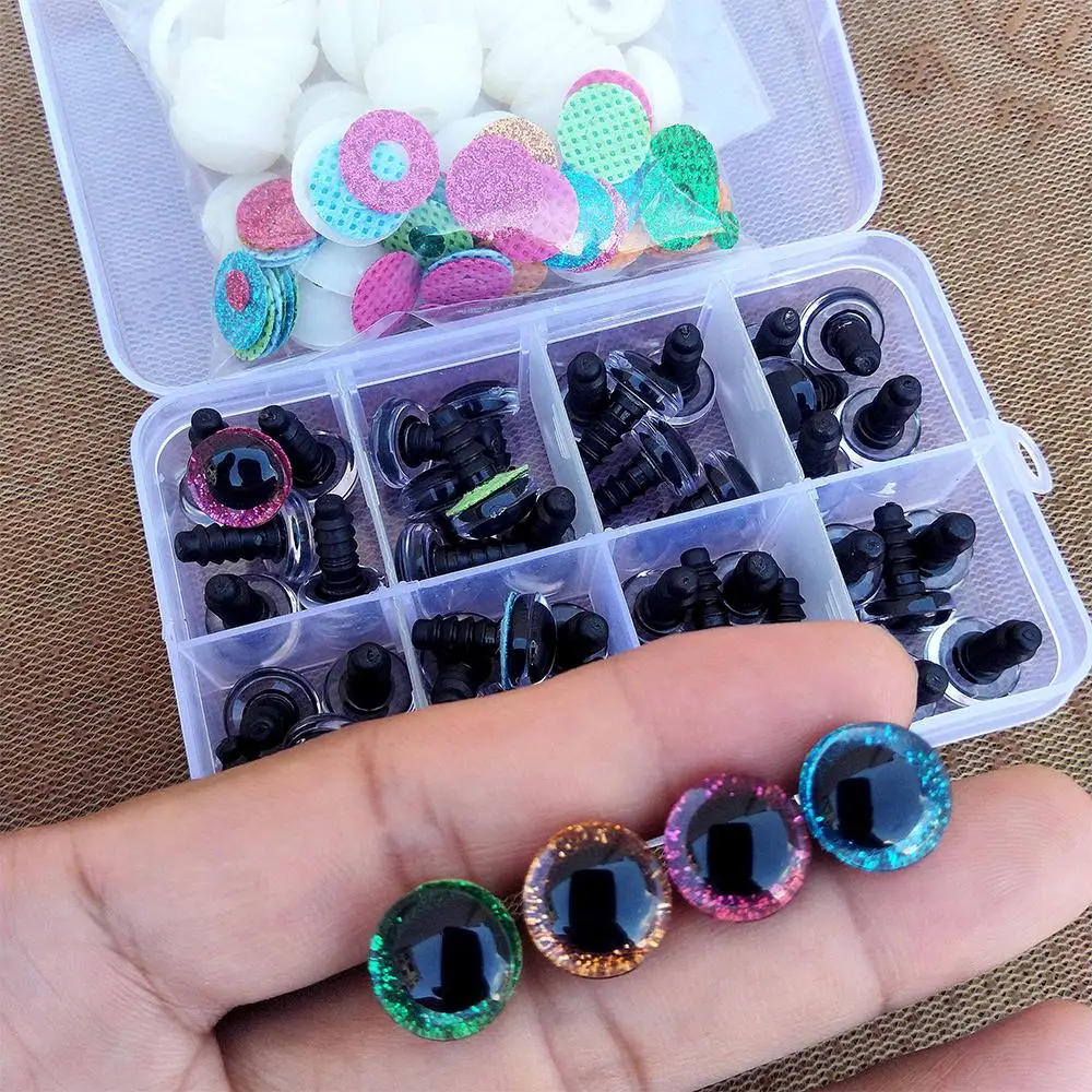48 stücke 3D DIY Glitter Plüsch Kunststoff Sicherheits Augen Für Spielzeug Amigurumi Puppe Machen Augen Für Puppen Mix Tier Box 12mm – Detail 1