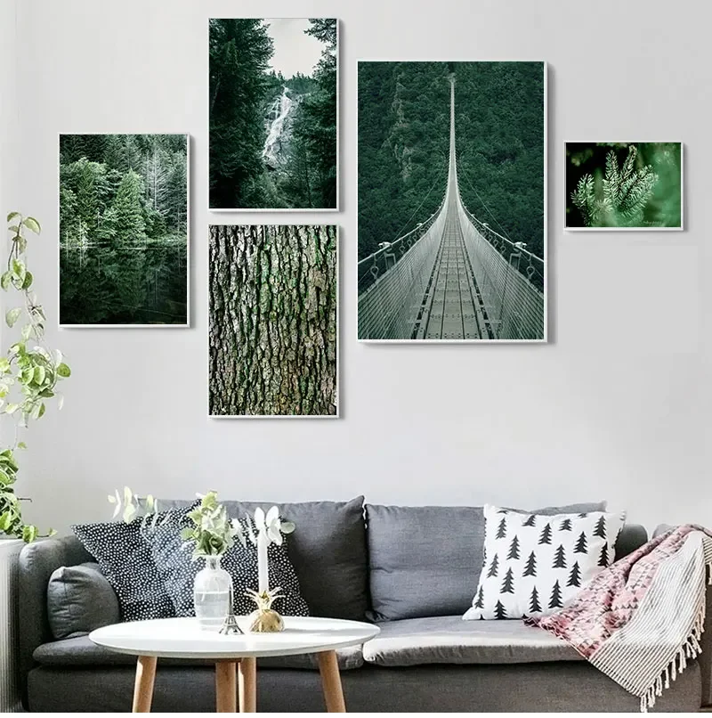 Forest Waterfall Bridge Landscape Picture Scandinavian  Scenery Nature Canvas Wall Art Print  Nordic Decoation