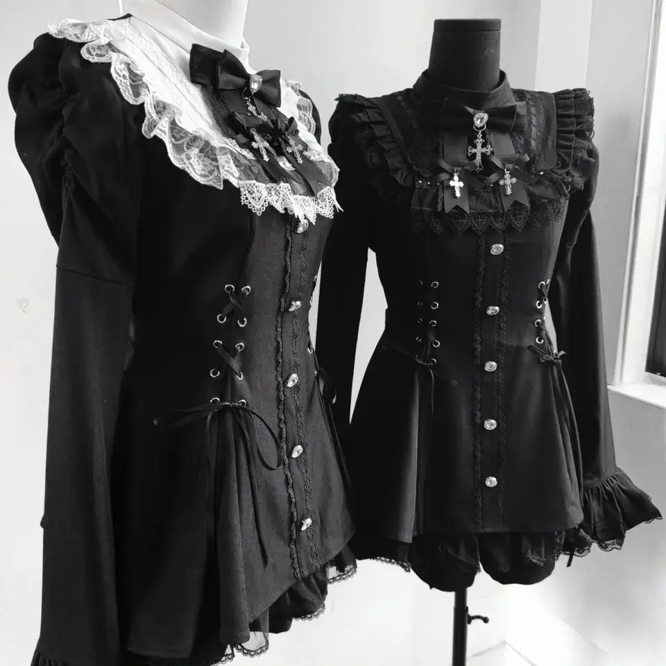 Conjunto de Vestido y Shorts Estilo Lolita Y2k con Moño, Camisa de Manga Abombada con Encaje y Botones, Vestido Gótico Japonés para Mujer, Mini Vestido Punk para Fiesta 2