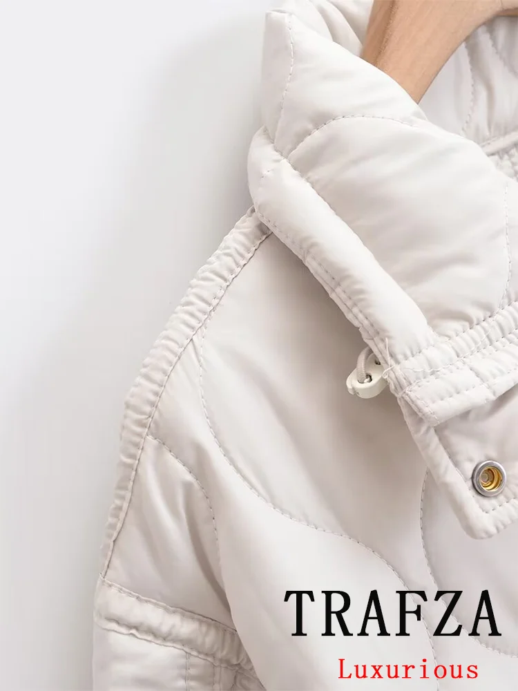 TRAFZA-Casacos grossos de gola alta para mulheres, outwear casual vintage, jaquetas grandes, bolsos, zíper, nova moda, outono e inverno 2022