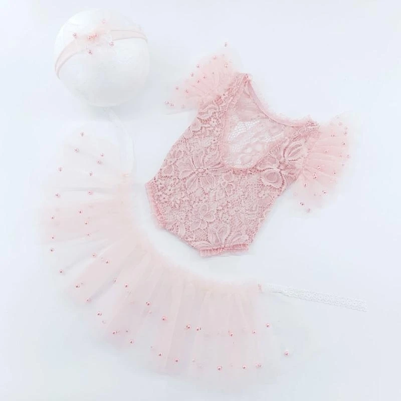 

J15U Newborn Photo Props Headband & Tulle Tutu Lace Dress Baby Photo Set Infant Headdress Romper Suit for Boys Girls